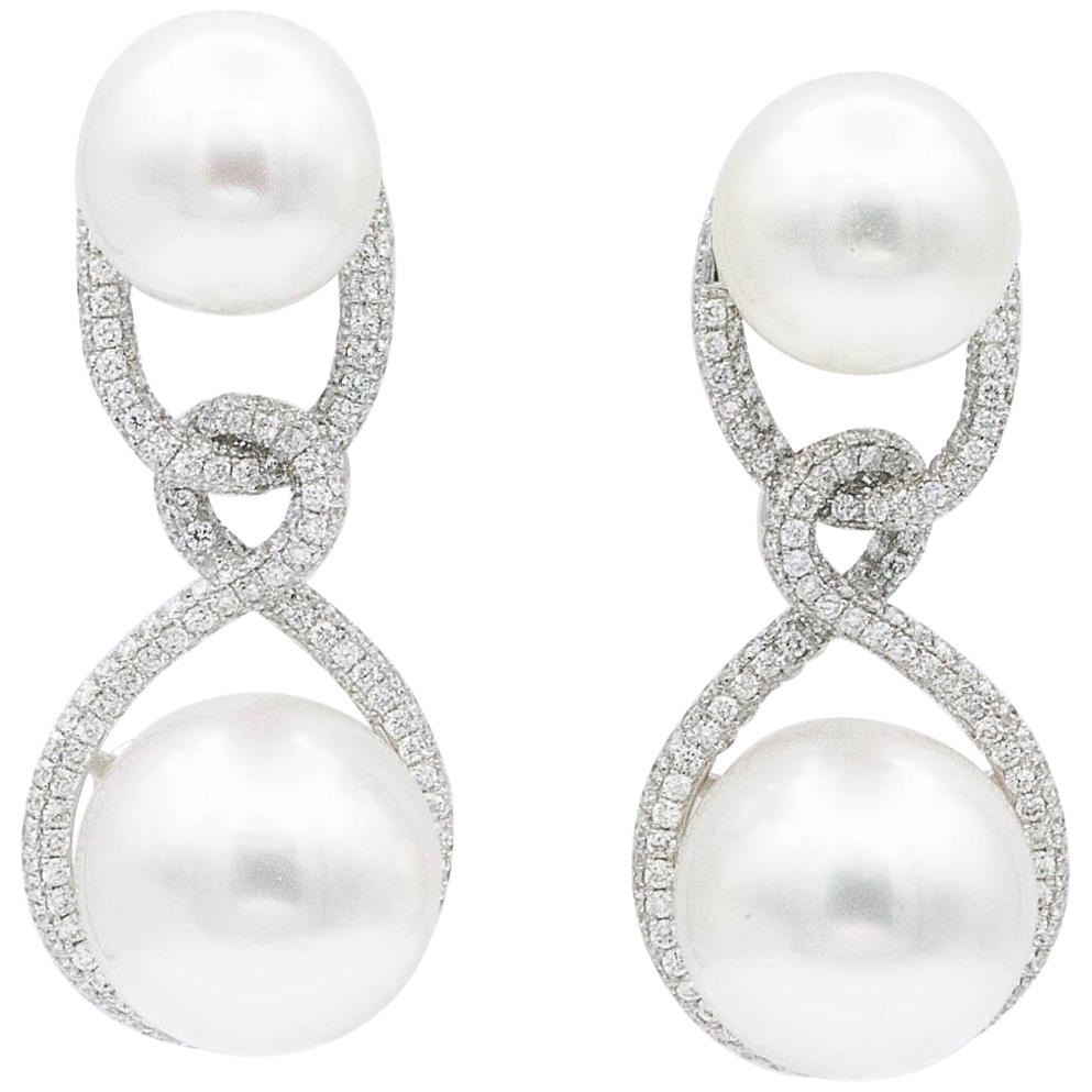 South Sea Pearl Drop Diamond Earrings 1.90 Carats 18K For Sale