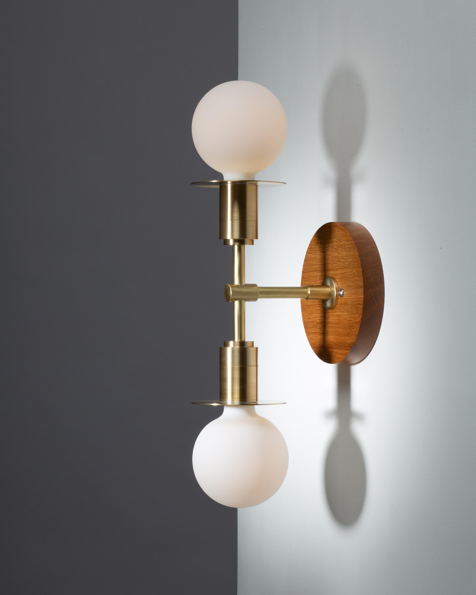 British Double Sphere Disc Oak Mount Wall Light Sconce by Lights of London For Sale
