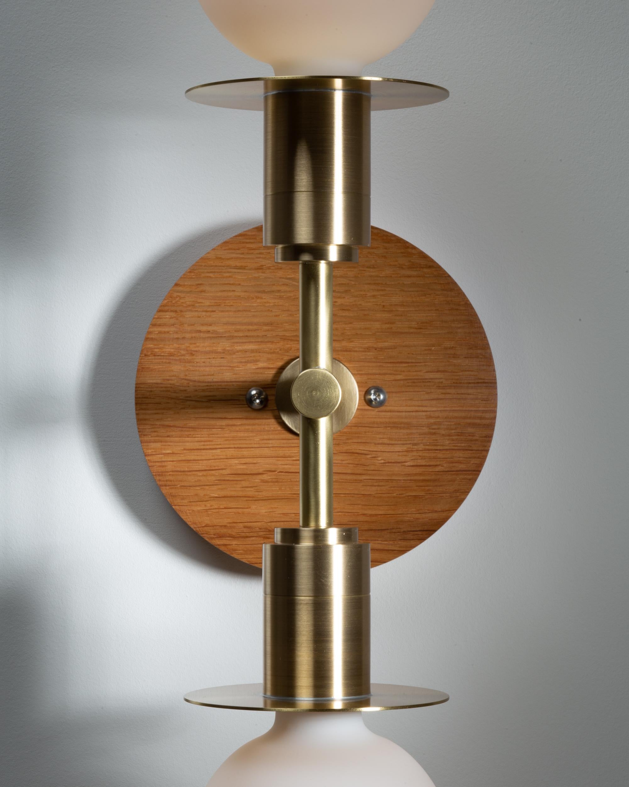 Hand-Crafted Double Sphere Disc Oak Mount Wall Light Sconce by Lights of London For Sale