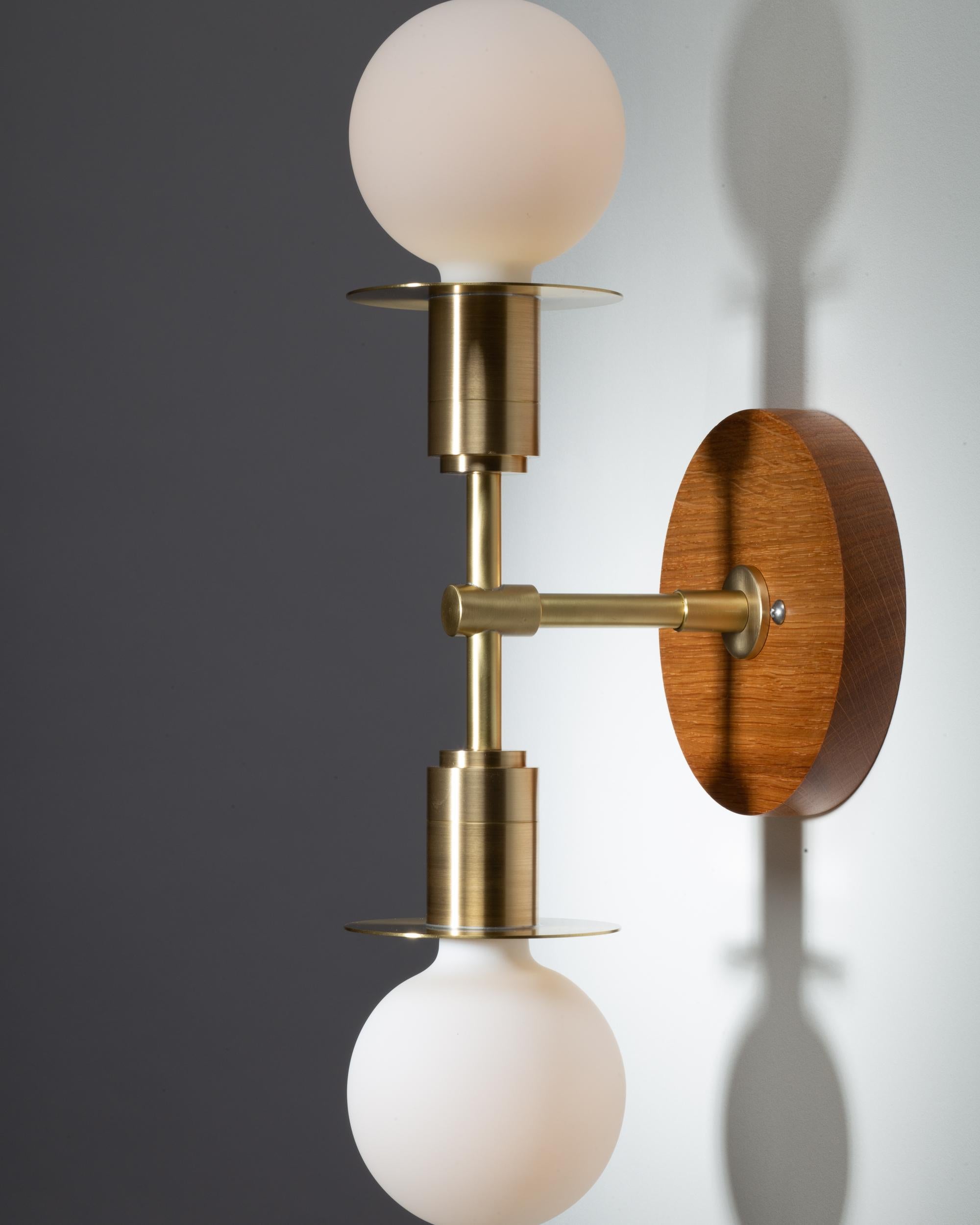 Contemporary Double Sphere Disc Oak Mount Wall Light Sconce by Lights of London For Sale