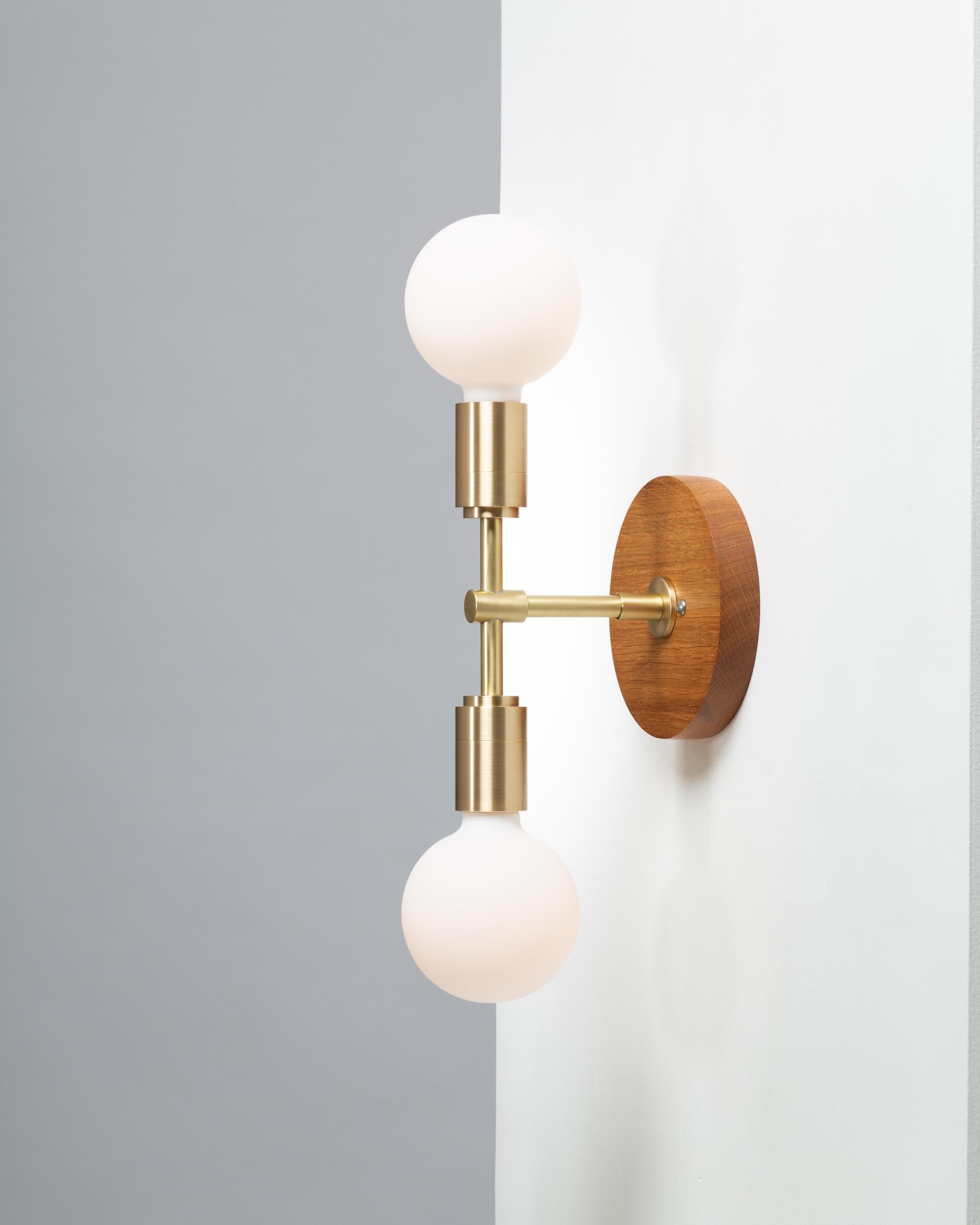 British Double Sphere Oak Mount Wall Light Sconce by Lights of London For Sale
