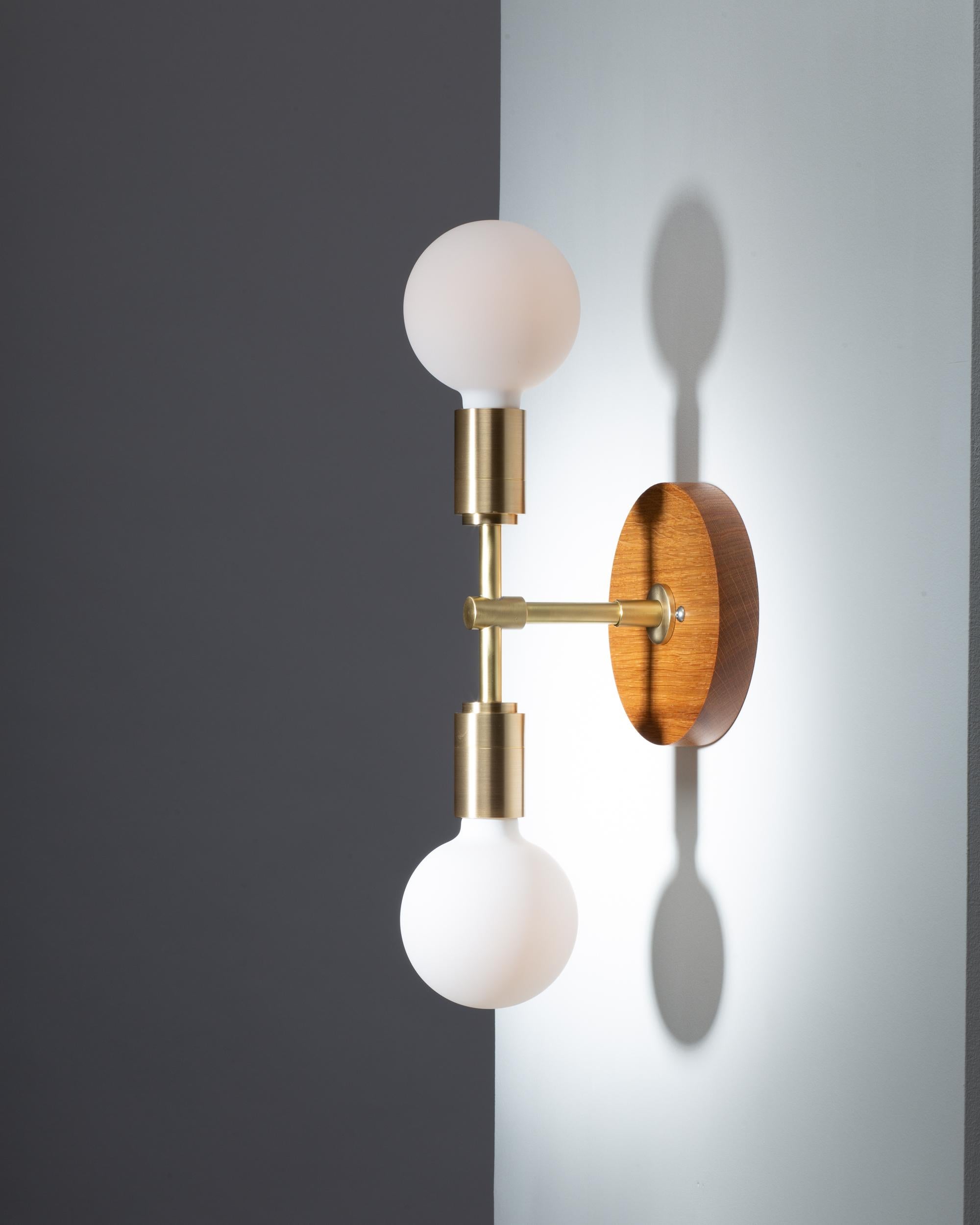 Hand-Crafted Double Sphere Oak Mount Wall Light Sconce by Lights of London For Sale