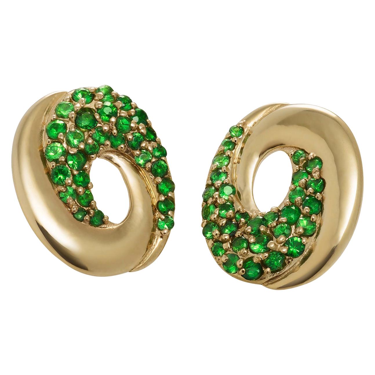 Double Spiral 14 Karat Yelllow Gold and Tsavorite Post Earrings For Sale