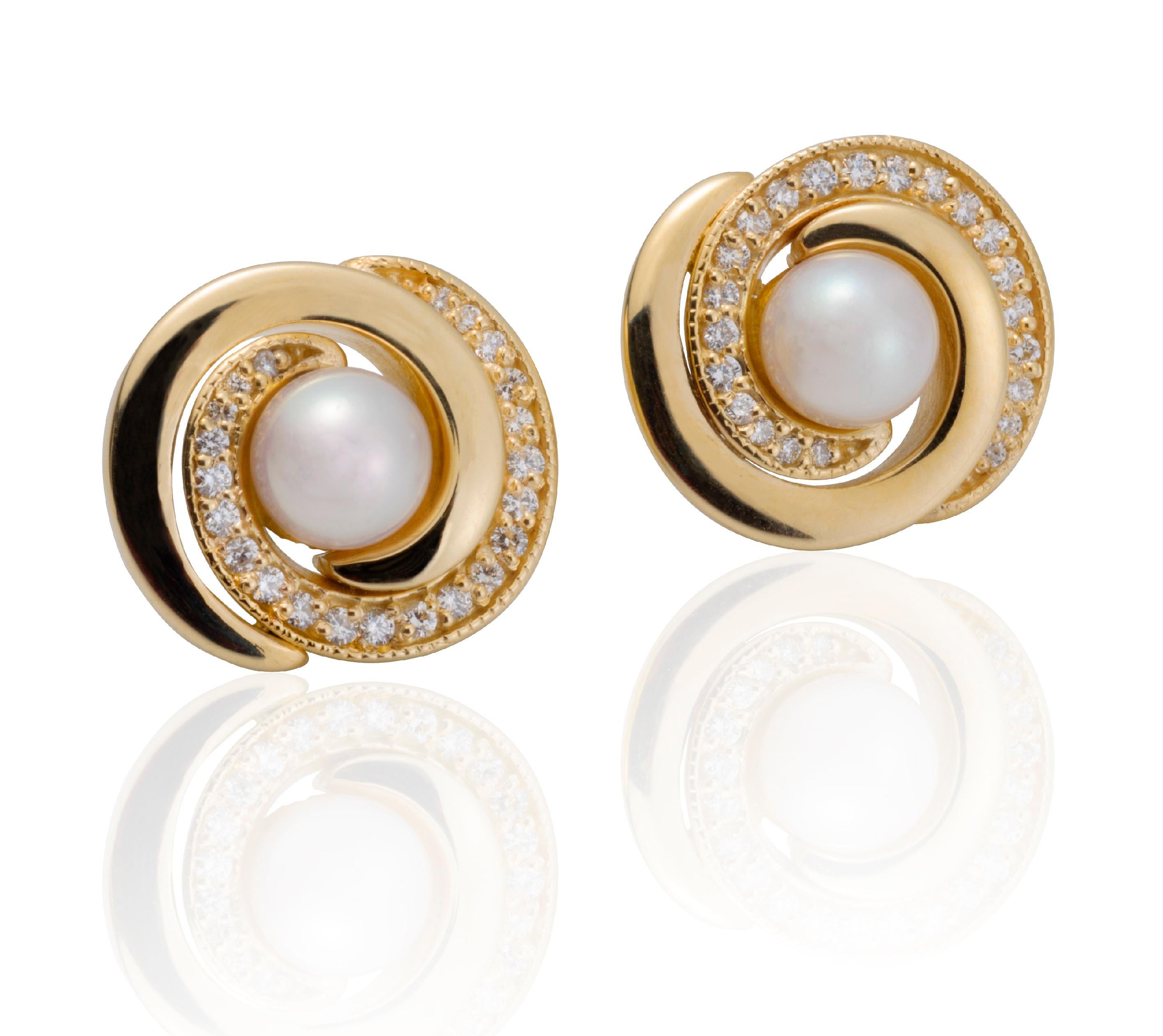 Round Cut Double Spiral 2-Tone Post Earrings with Akoya Pearl and Diamonds For Sale