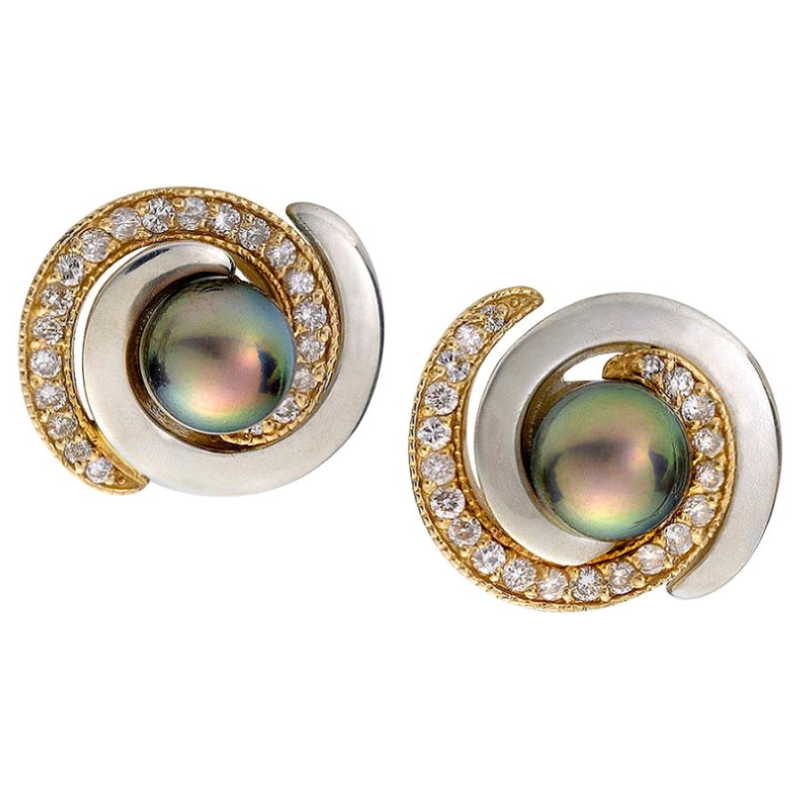 Double Spiral 2-Tone Post Earrings with Akoya Pearl and Diamonds For Sale