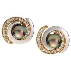 Double Spiral 2-Tone Post Earrings with Akoya Pearl and Diamonds