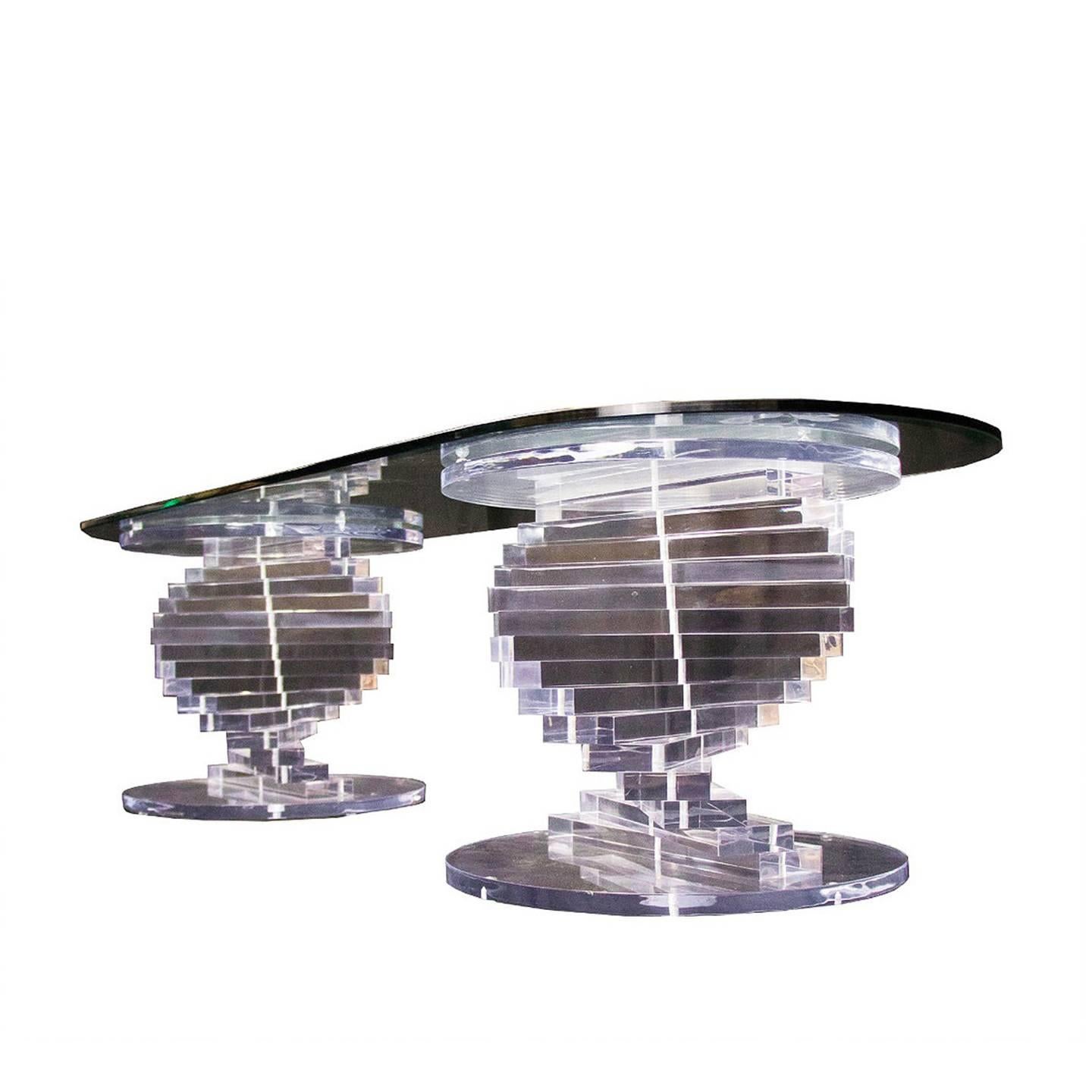 Double Spiral Lucite Pedestal Coffee Table with Glass Top