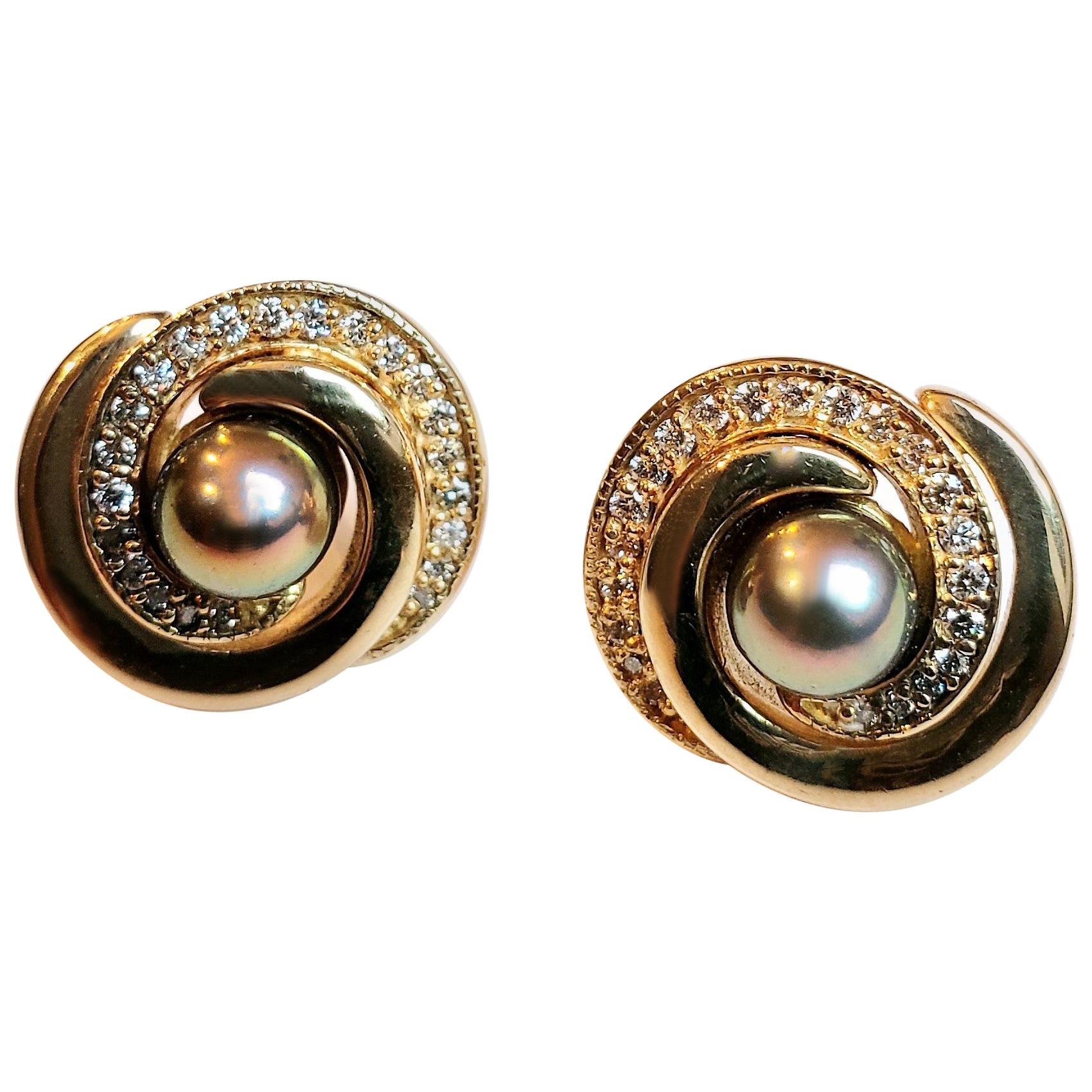 Double Spiral Post Earrings with Akoya Pearl and Diamonds For Sale