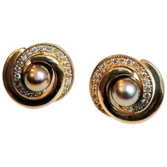 Double Spiral Post Earrings with Akoya Pearl and Diamonds