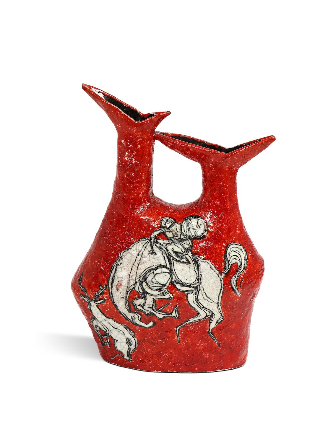 Double-spouted vessel by Titano Studio. Fantastic double-spouted vessel with brilliant red glaze and abstract horsemen depicted front and back. Great surface texture combined with bold color and form. Very good condition with no chips, cracks or