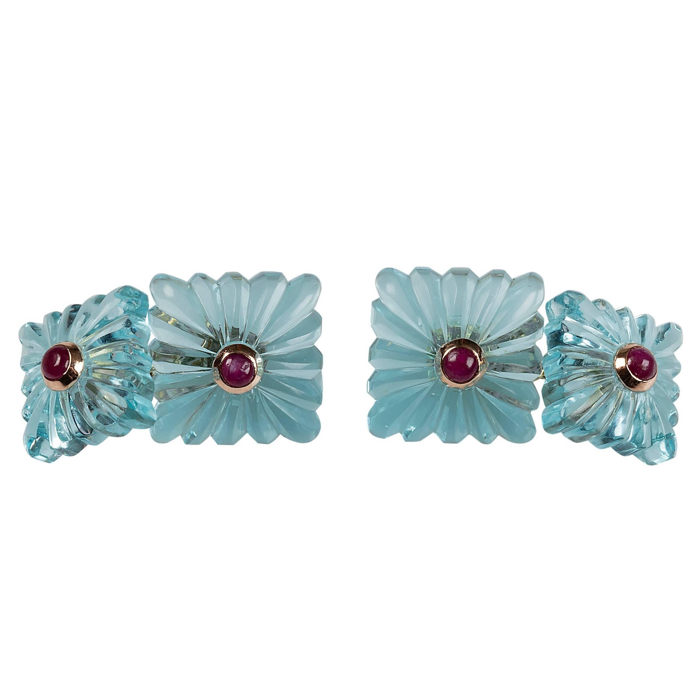 Double Square 18 Karat Yellow Gold Cufflinks in Pale Blue Topaz with Rubies Ruby For Sale