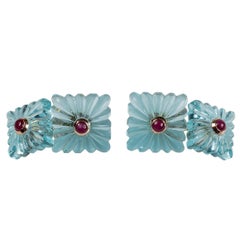 Double Square 18 Karat Yellow Gold Cufflinks in Pale Blue Topaz with Rubies Ruby