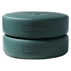 20"Ø Double Stack Leather Drum Floor Cushion 'in Seaweed' by Moses Nadel