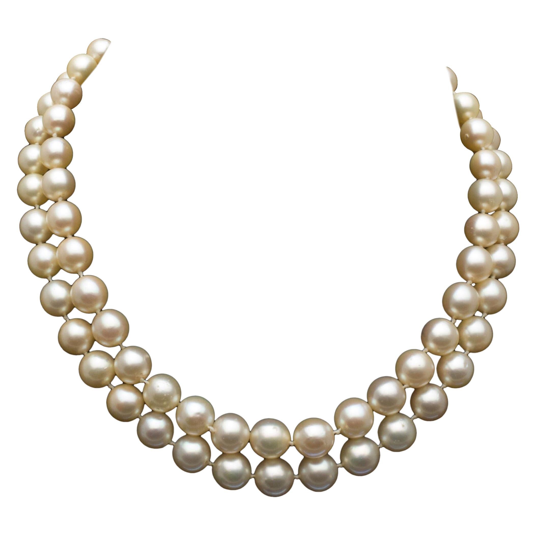 Double Stand Akoya Pearl Necklace with Gem Studded Gold Clasp For Sale
