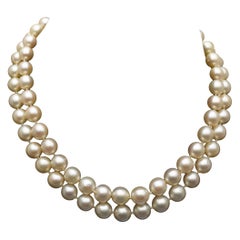 Double Stand Akoya Pearl Necklace with Gem Studded Gold Clasp