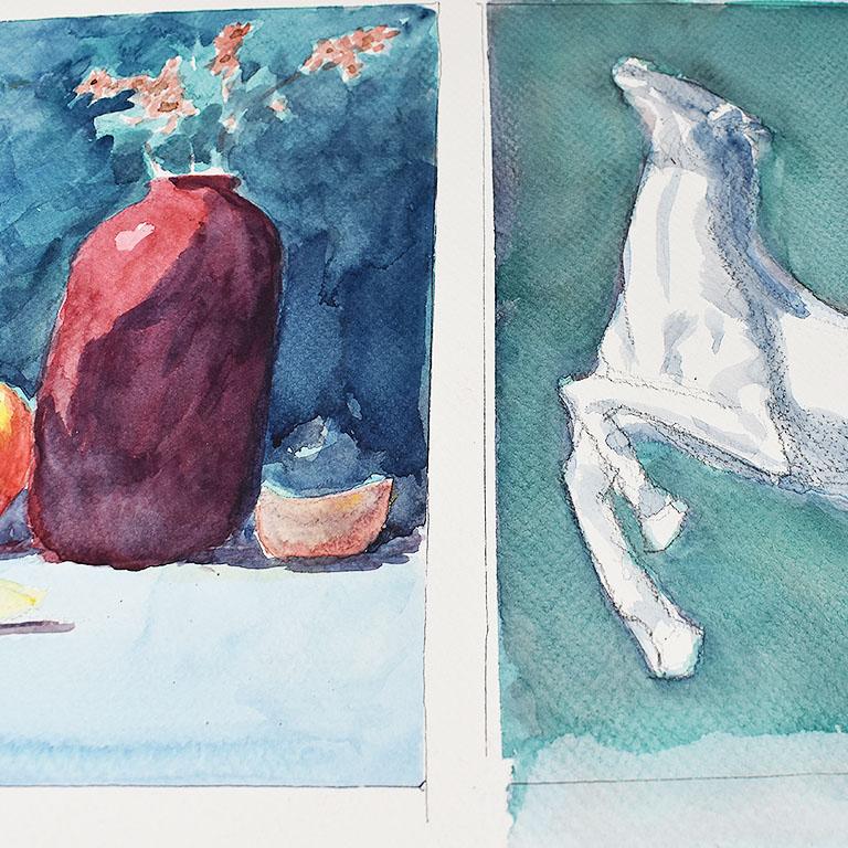 Two still life paintings by Oklahoma artist Clair Seglem. This piece is a two for one. The artist used one piece of paper to paint two very different scenes. On the left, Seglem paints a beautiful still life scene of a red vase on a table with small