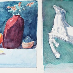 Double Still Life Painting of Horse and Tabletop With Vase and Fruit
