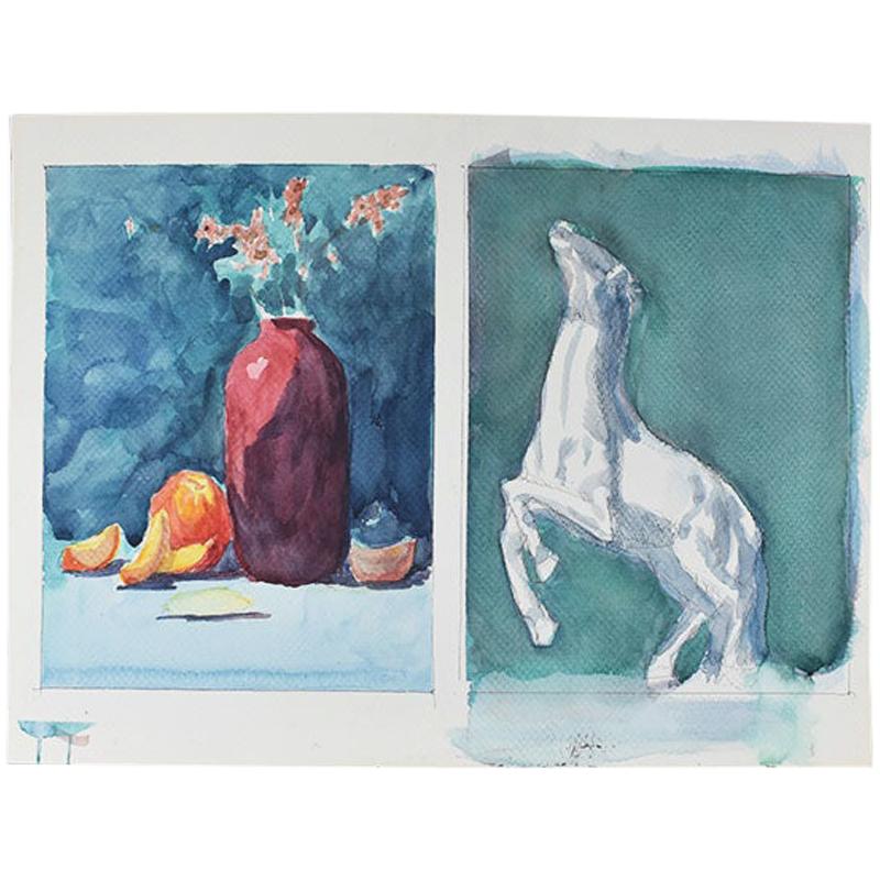 Double Still Life Painting of Horse and Tabletop With Vase and Fruit For Sale