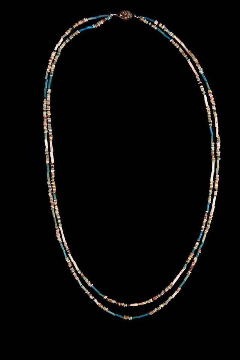 Ancient Egyptian double string multicolor faience bead necklace restrung with a contemporary clasp.