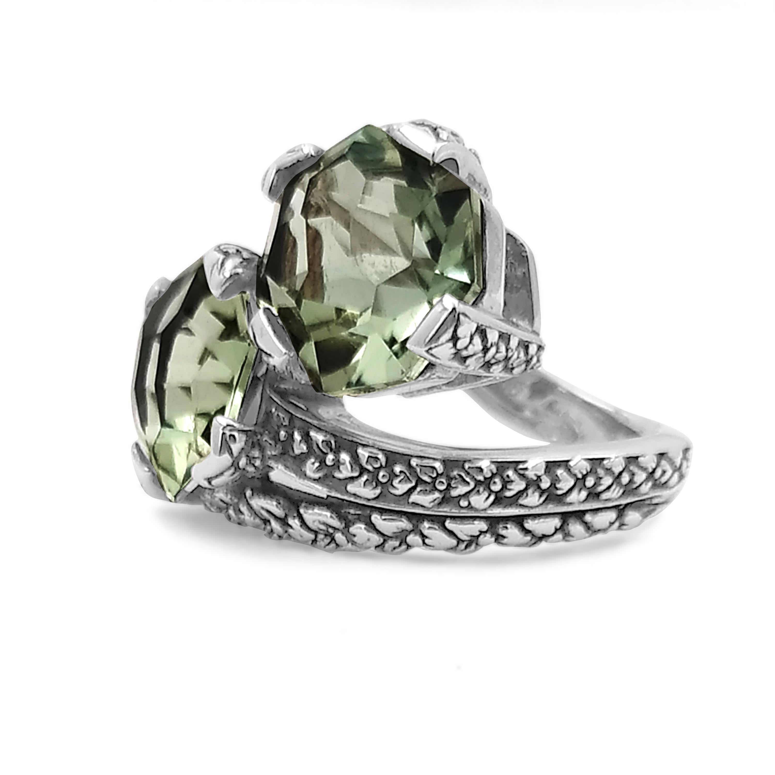 Double Stone Green Amethyst Ring with Engraved Sterling Silver

The Galactical collection is a supersonic take on modern, faceted gemstones. A new adventure of artistry was visualized to create the sharp strategic angles that Stephen has introduced.