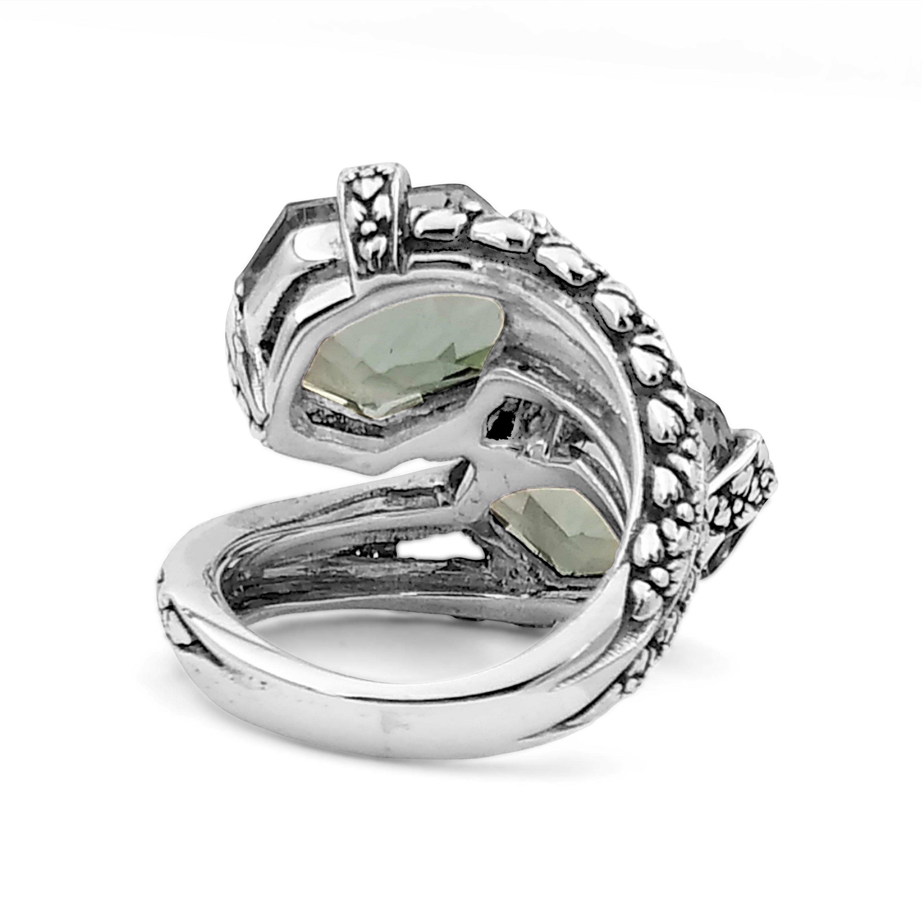 Artisan Double Stone Green Amethyst Ring with Engraved Sterling Silver