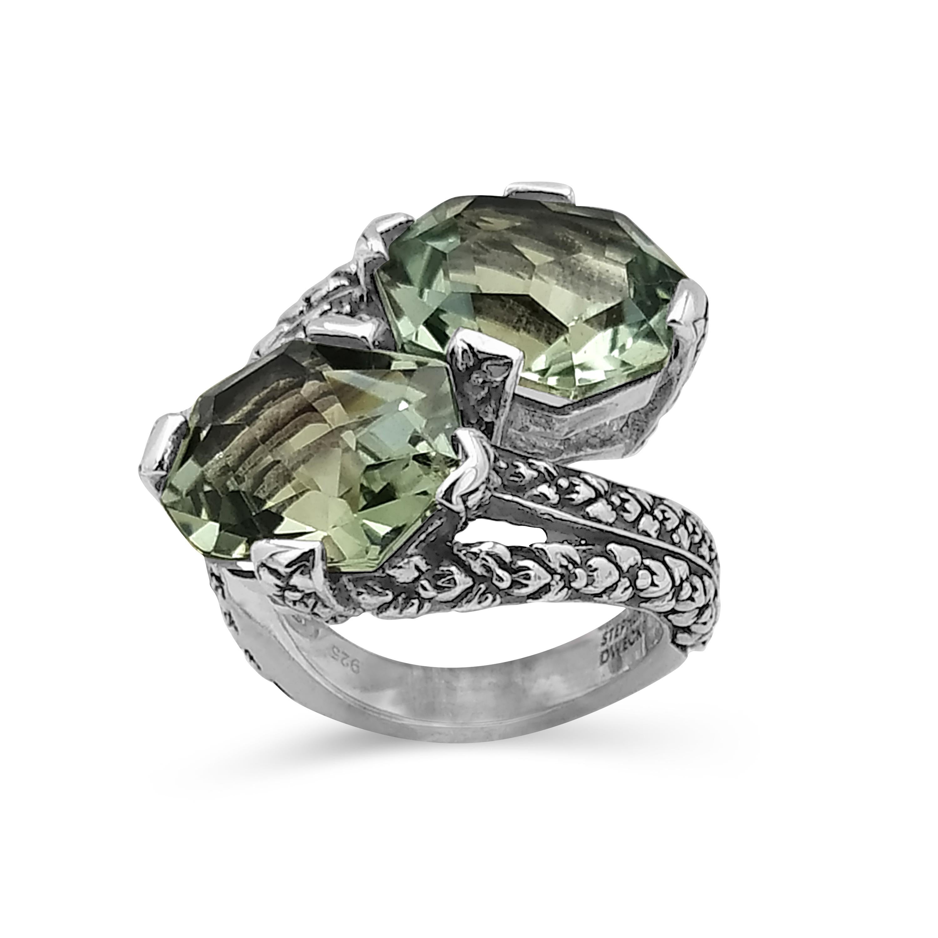 Emerald Cut Double Stone Green Amethyst Ring with Engraved Sterling Silver