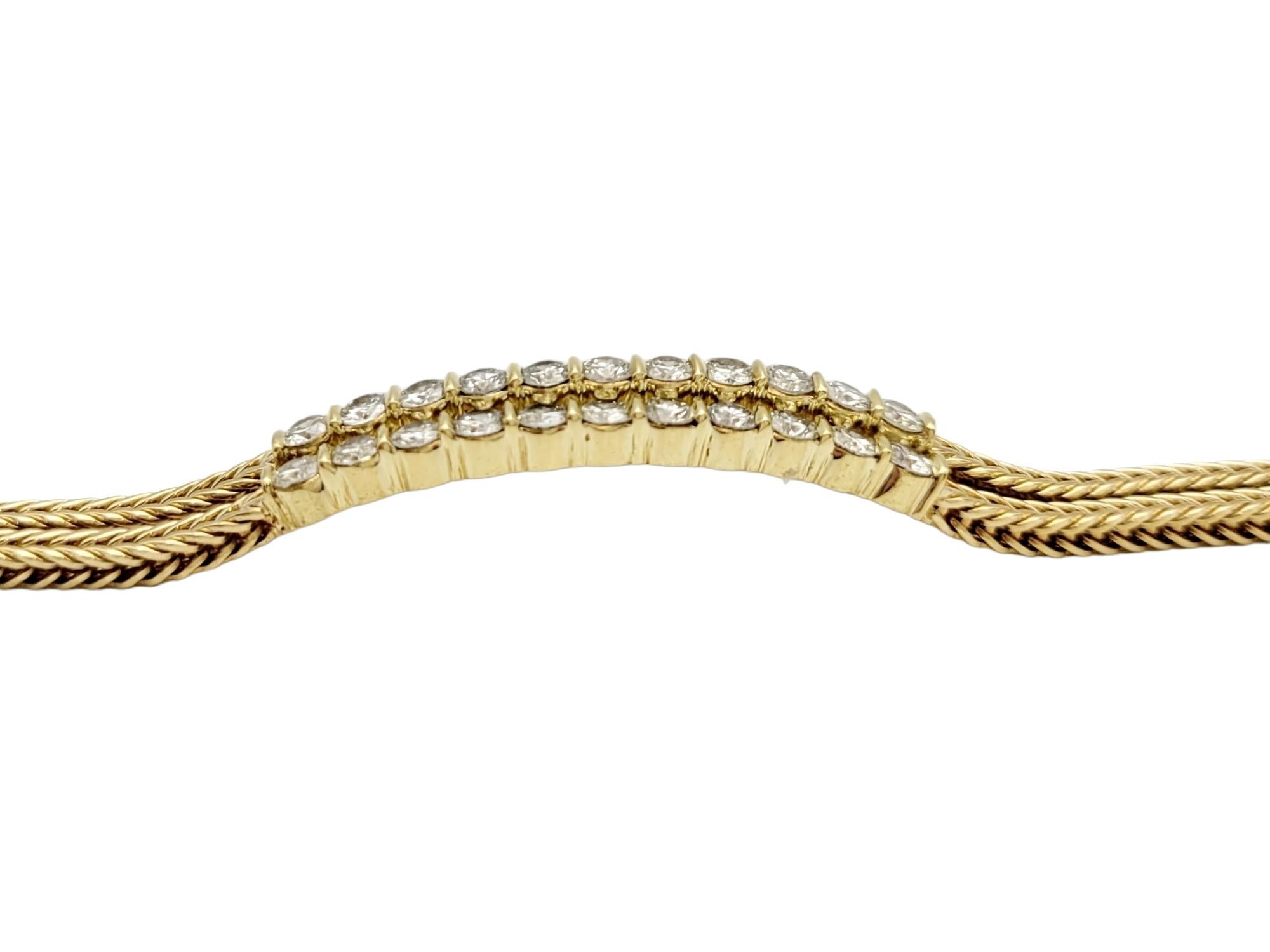 Contemporary Double Strand 18 Karat Yellow Gold Box Link Bracelet with Round Diamonds  For Sale