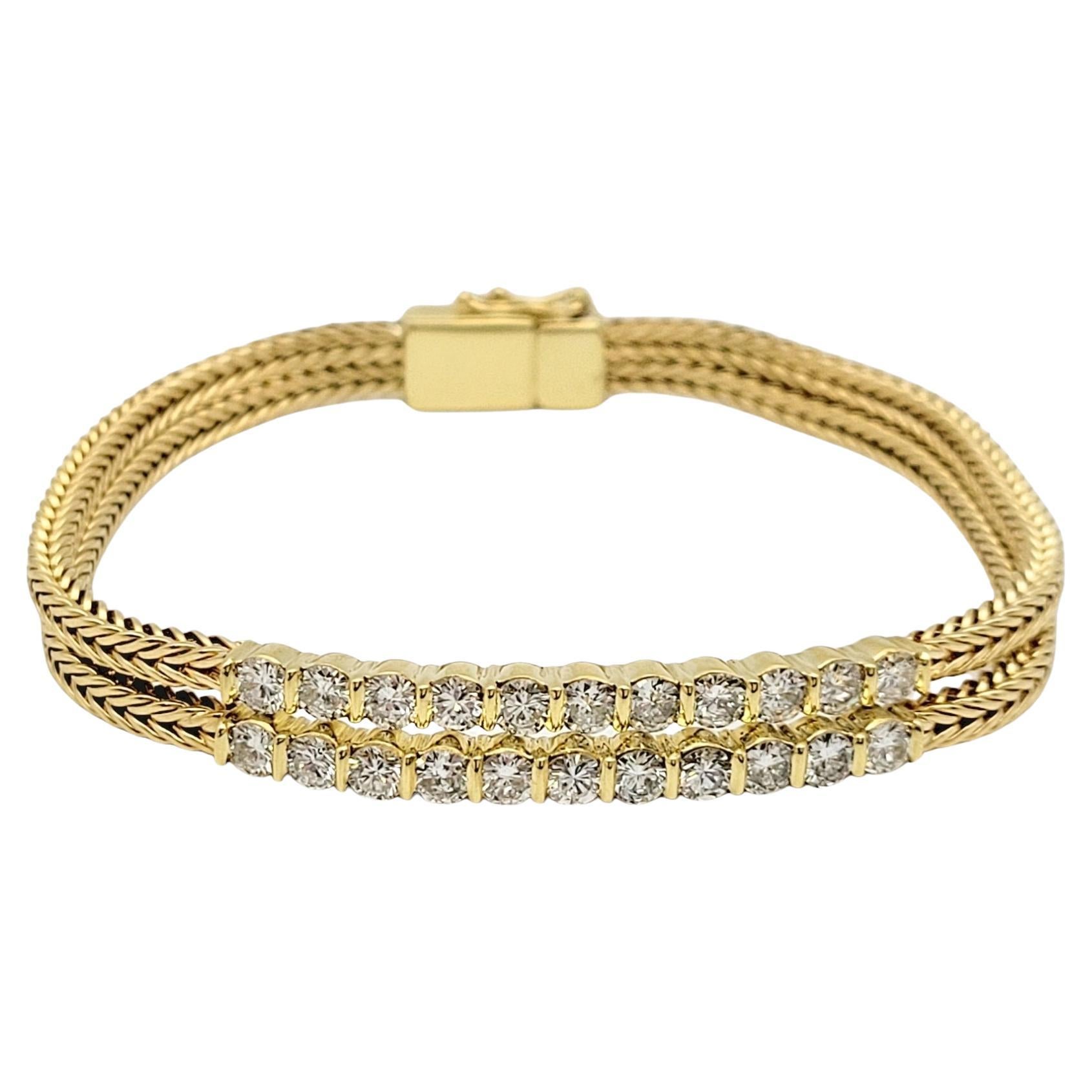 Double Strand 18 Karat Yellow Gold Box Link Bracelet with Round Diamonds  For Sale