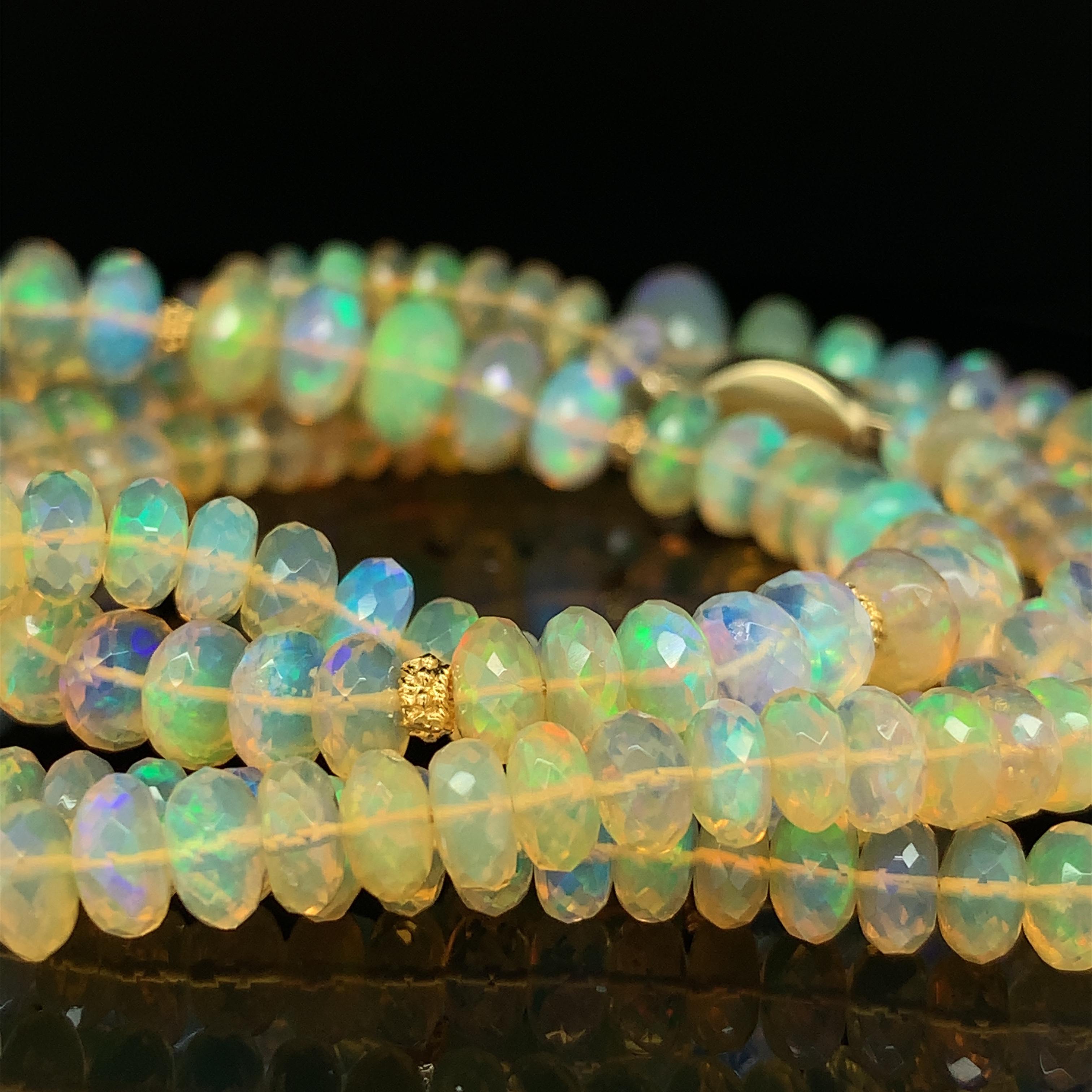 Artisan Double Strand Opal Bead Necklace, 170.45 Carats Total with Yellow Gold Accents For Sale