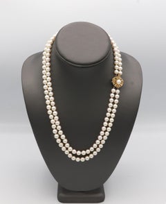 Double Strand Cultured Pearl Necklace with Natural Diamond & Gold Clasp
