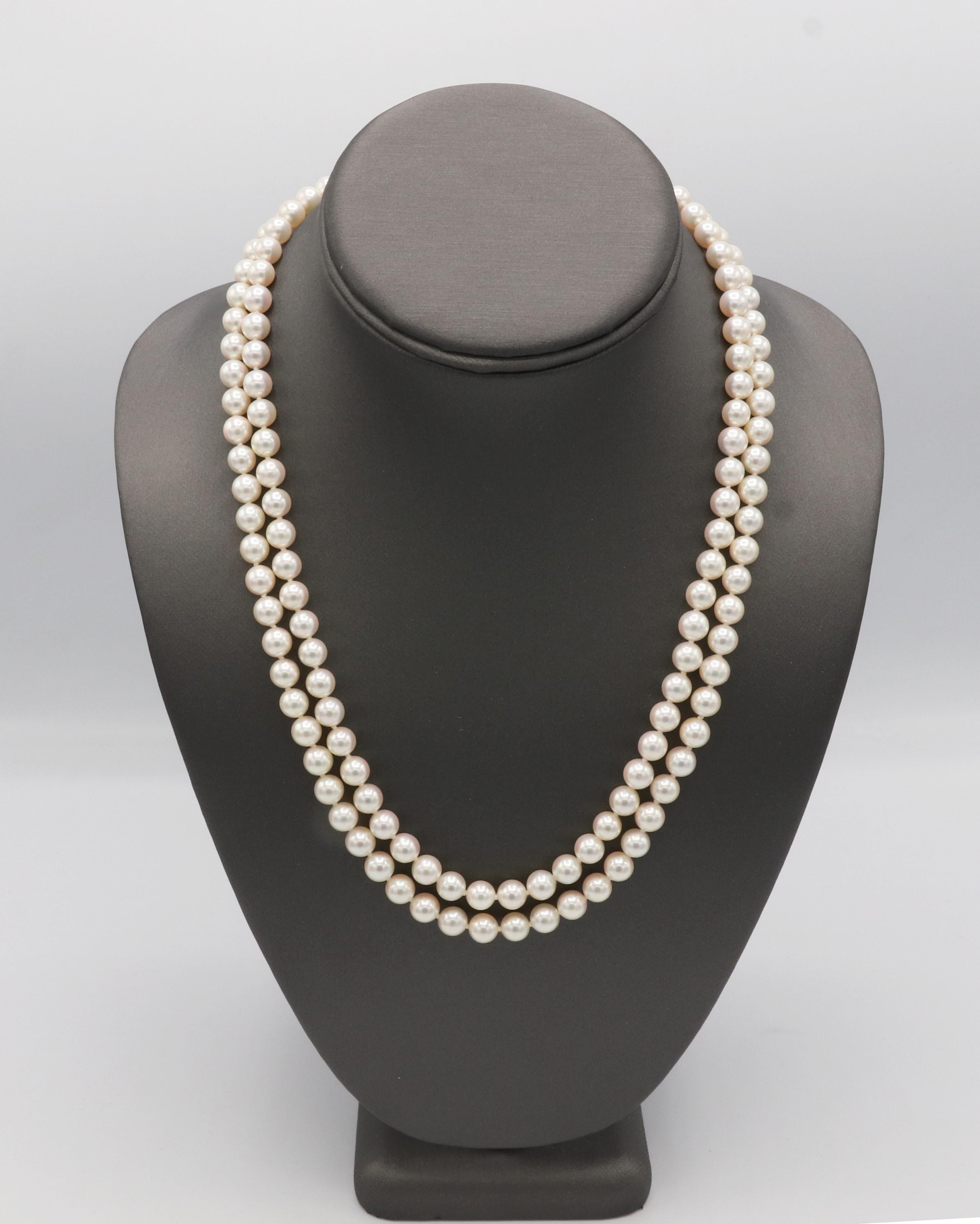 Retro Double Strand Cultured Pearl Necklace with Natural Diamond & Gold Clasp For Sale