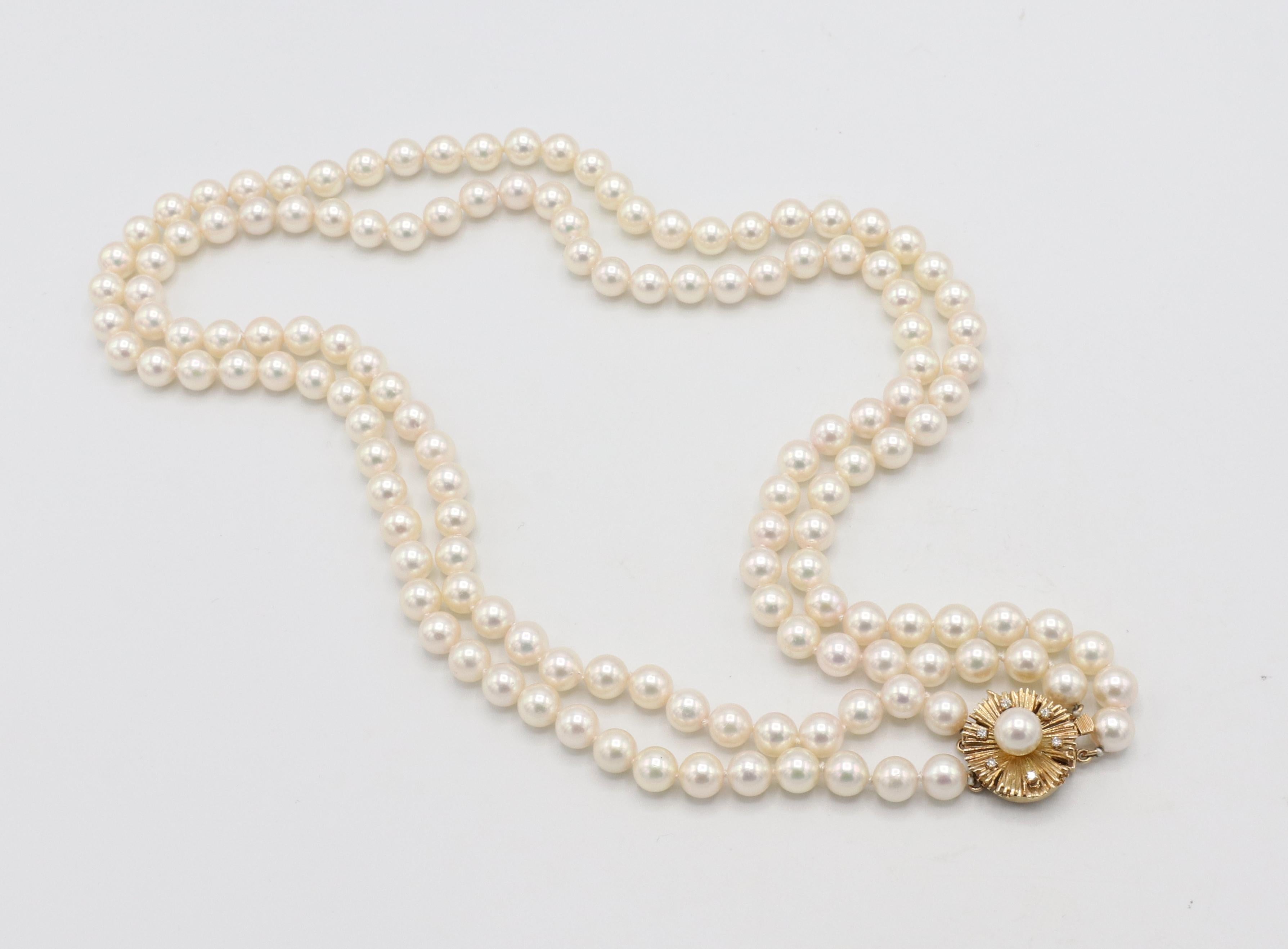 Women's Double Strand Cultured Pearl Necklace with Natural Diamond & Gold Clasp For Sale