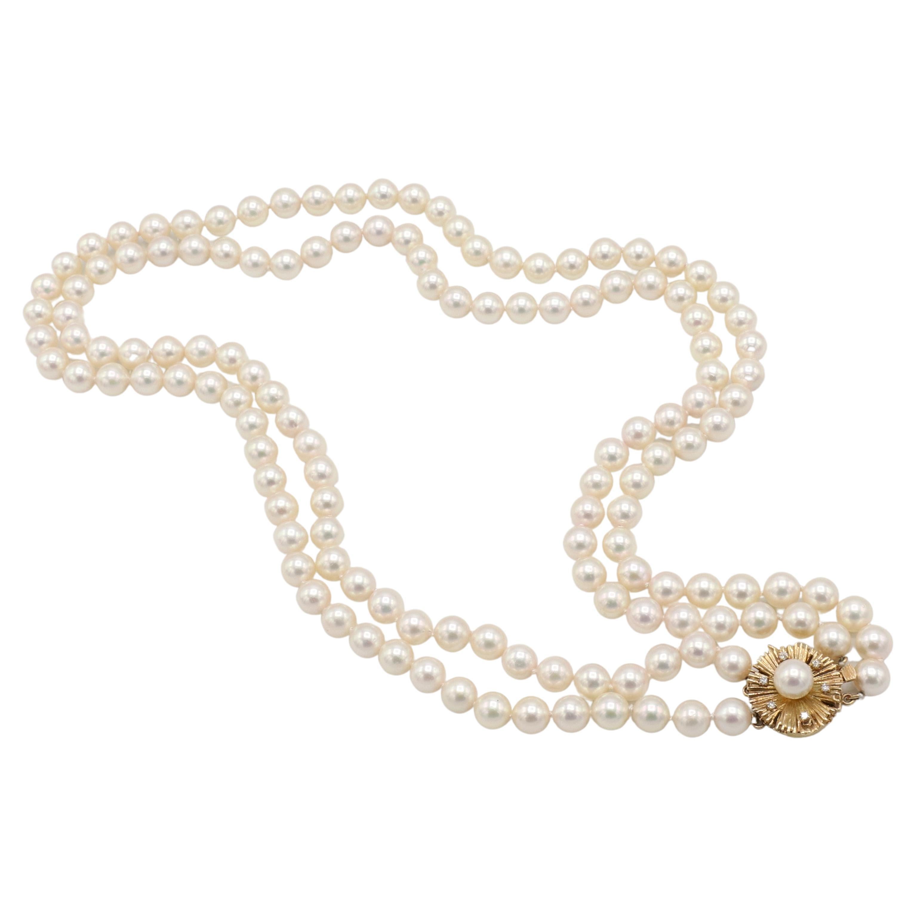 Double Strand Cultured Pearl Necklace with Natural Diamond & Gold Clasp