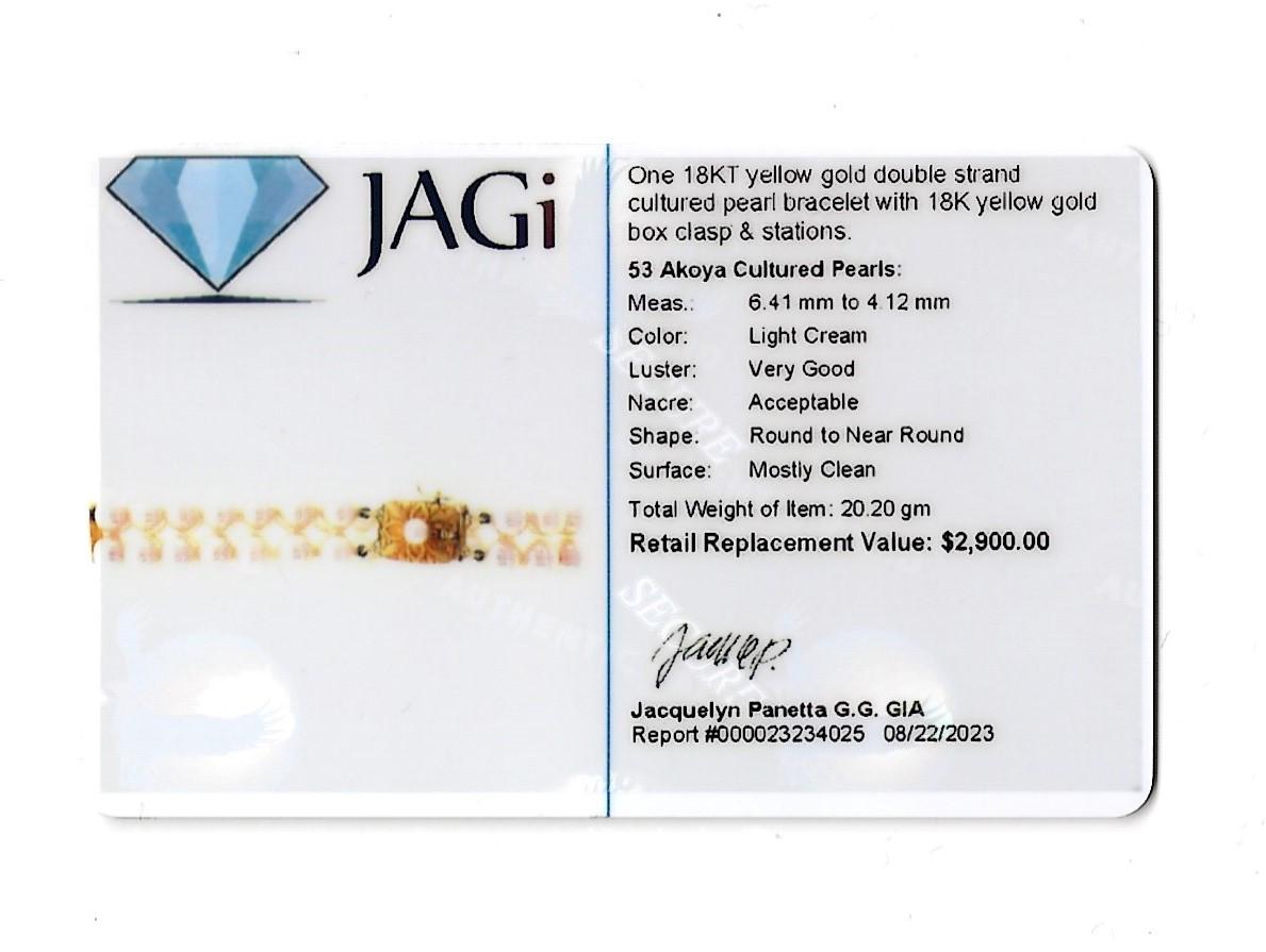 Double Strand Akoya Cultured Pearl Station Bracelet in 18 Karat Yellow Gold For Sale 5