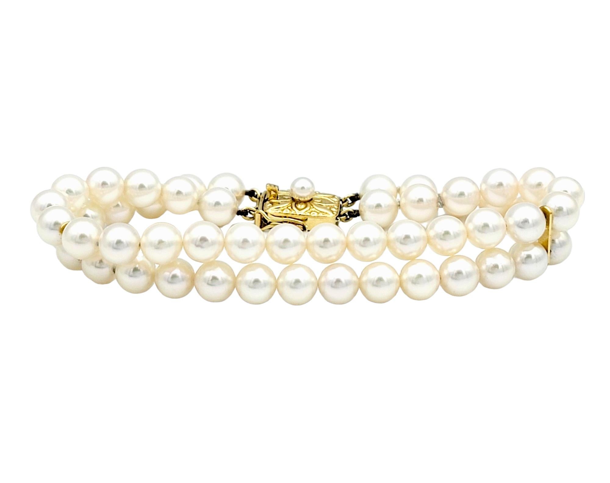 Contemporary Double Strand Akoya Cultured Pearl Station Bracelet in 18 Karat Yellow Gold For Sale