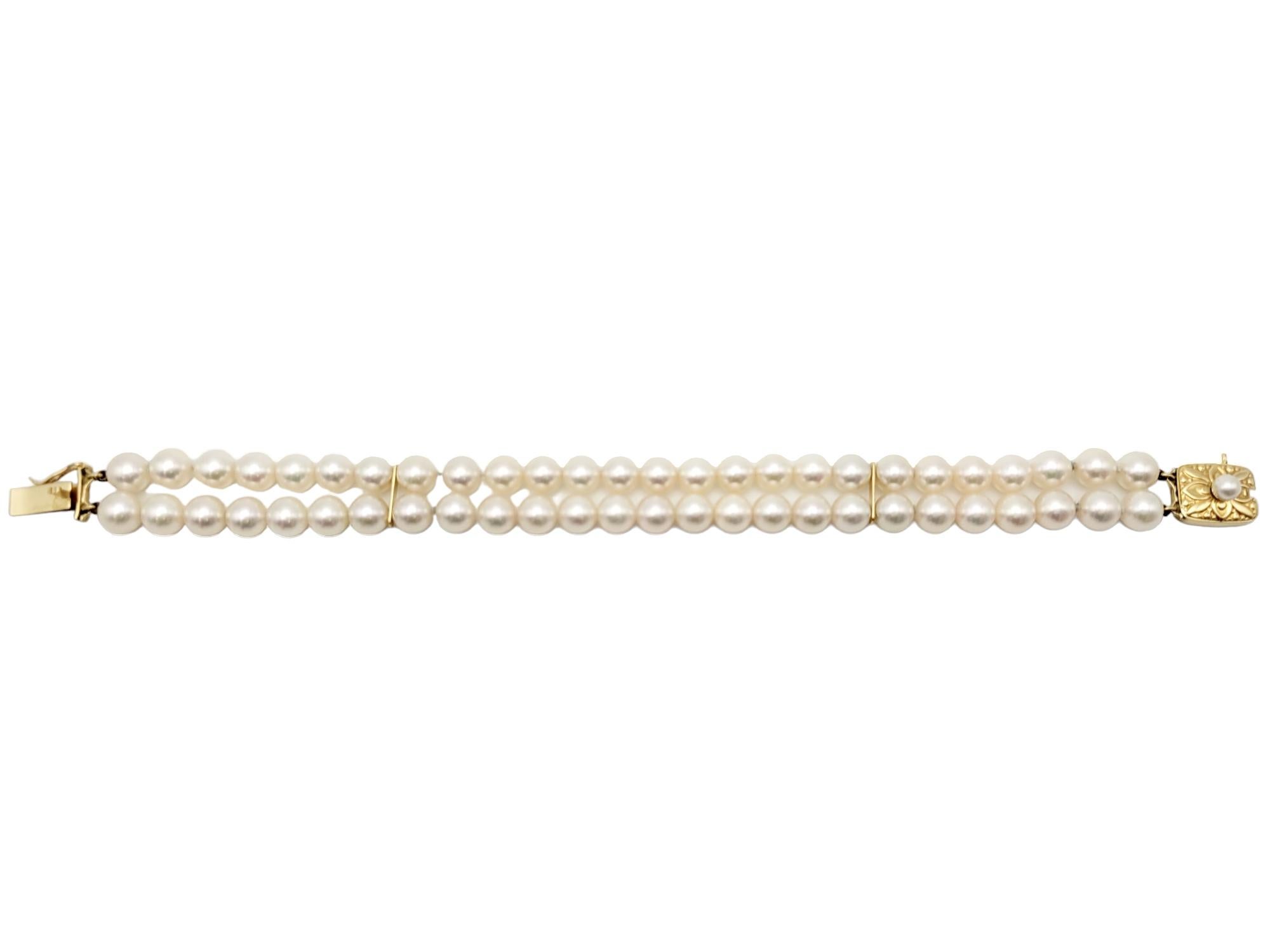 Round Cut Double Strand Akoya Cultured Pearl Station Bracelet in 18 Karat Yellow Gold For Sale