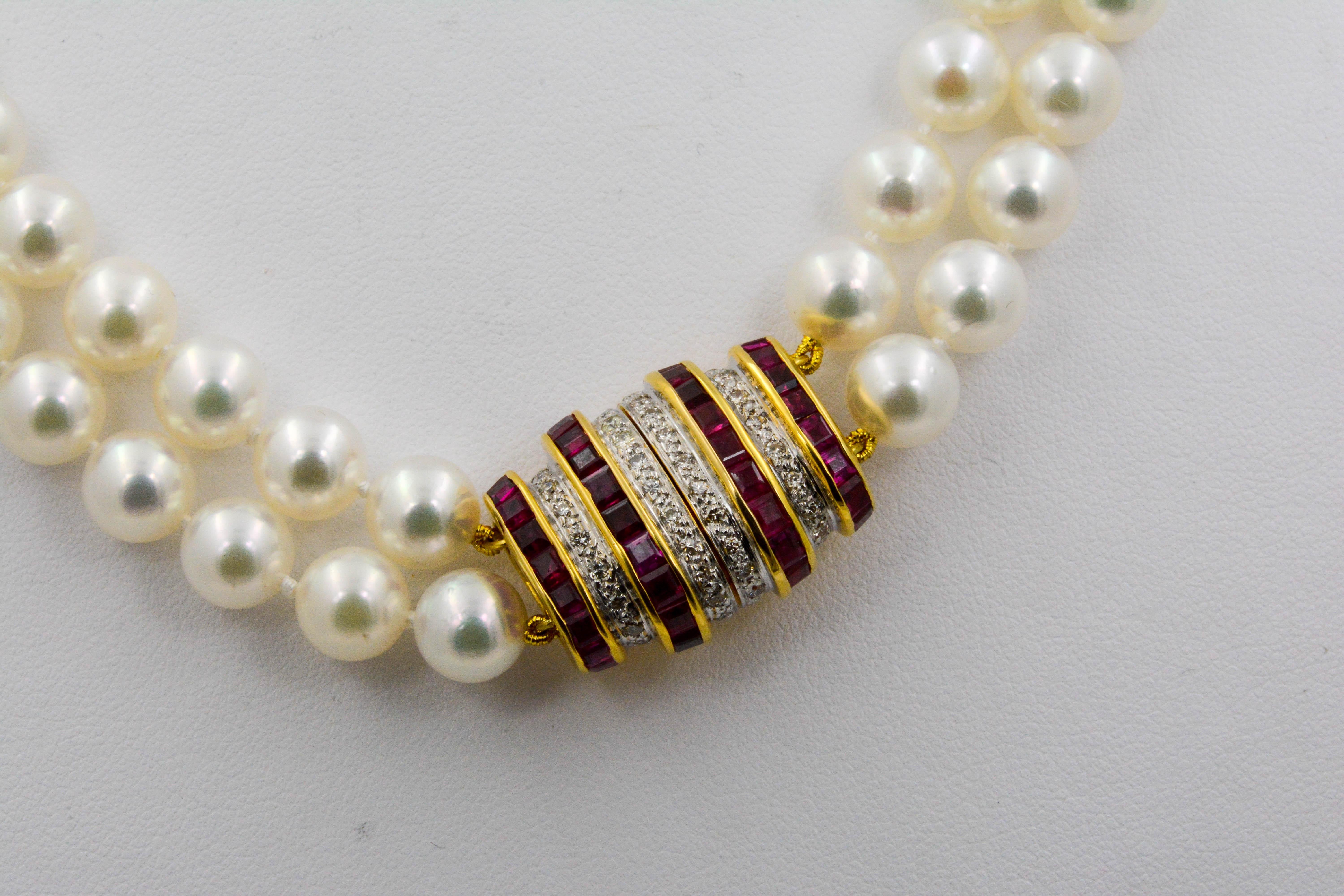 Double Strand Akoya Pearls with Ruby and Diamond Clasp 1