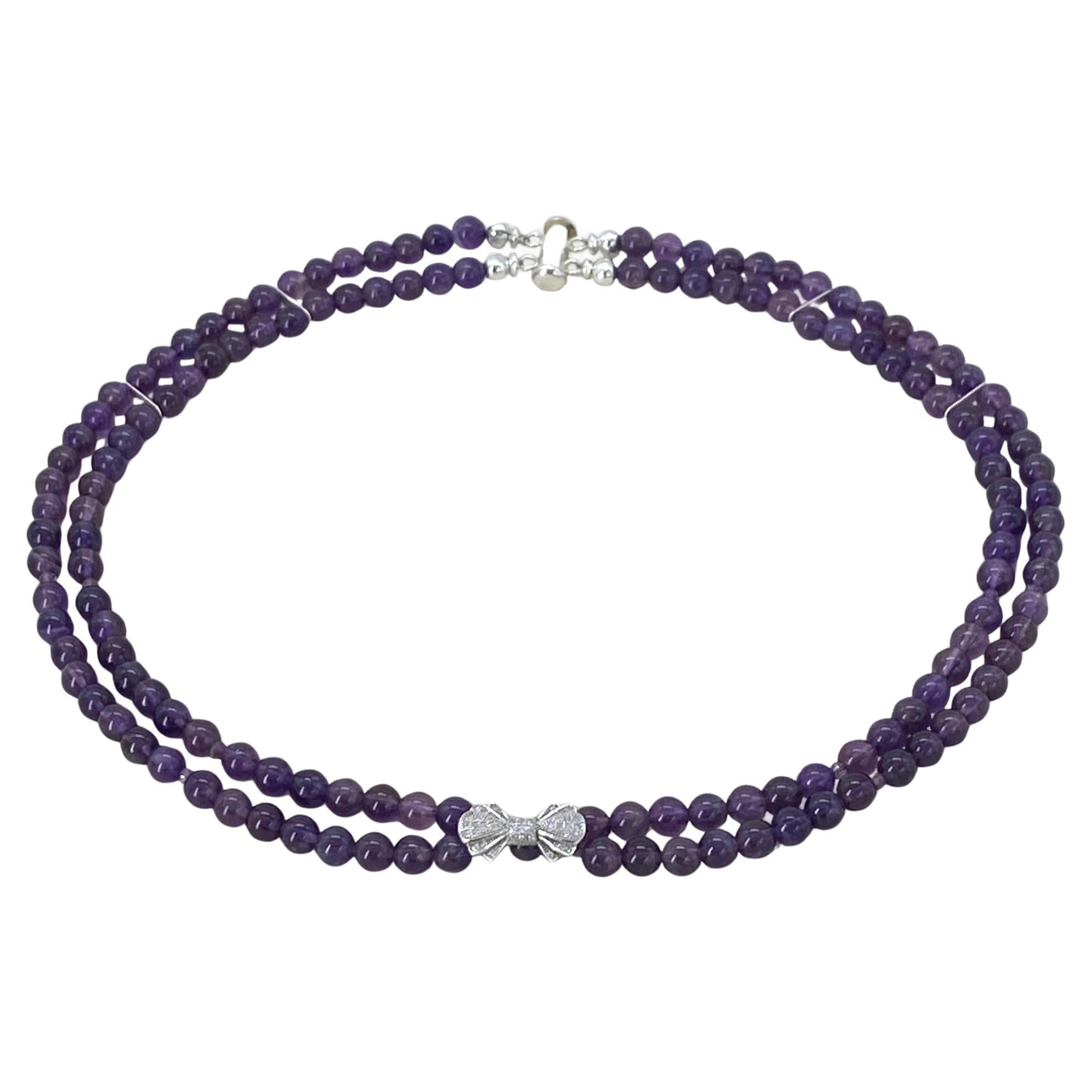 Double Strand Amethyst and Sterling Silver Necklace with CZ Bow Tie For Sale