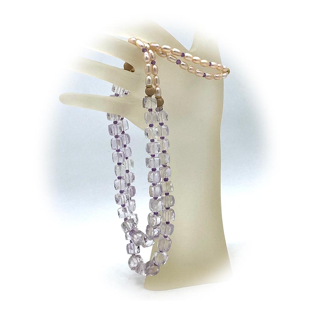 Bead Double Strand Amethyst Cube & Pearl Necklace For Sale
