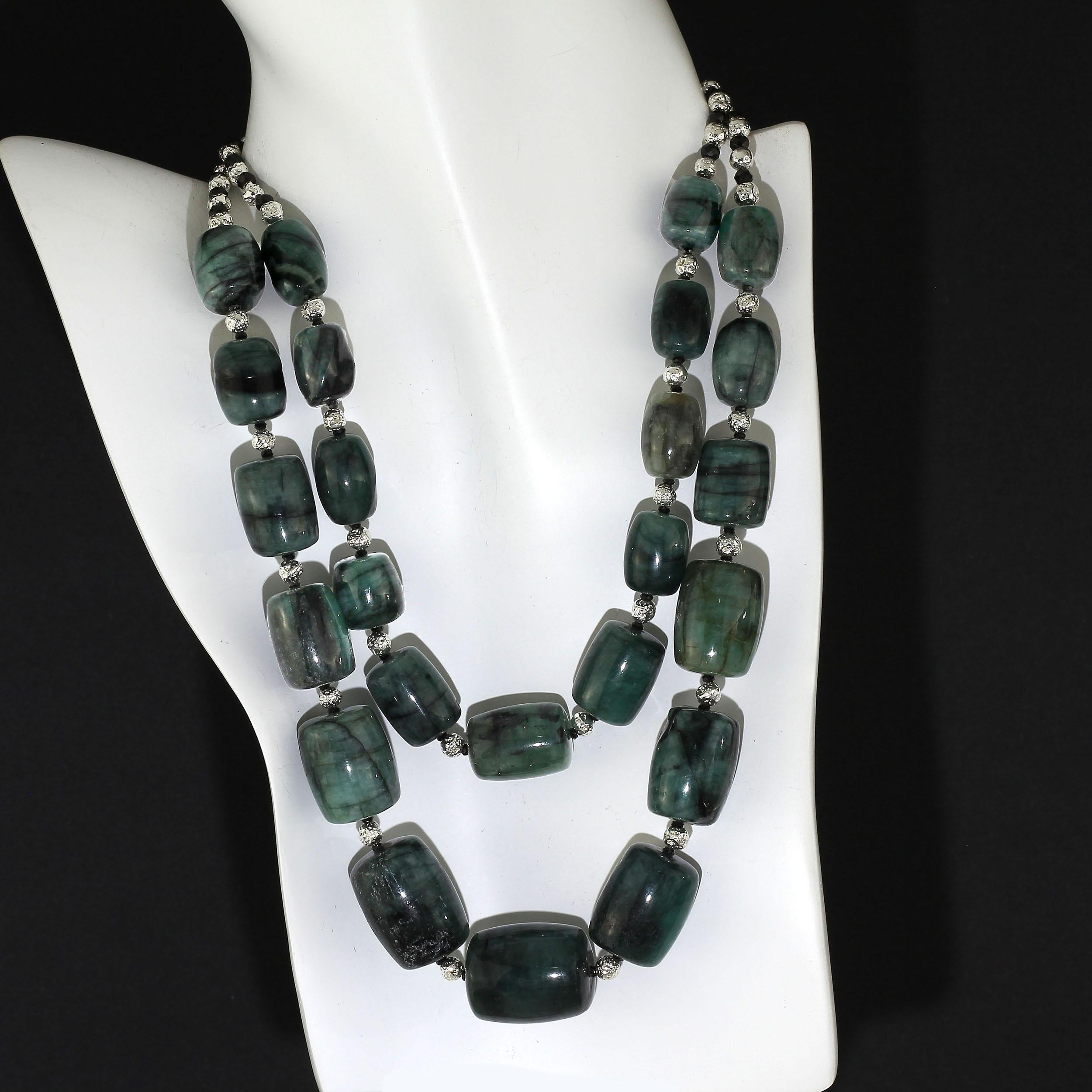 Artisan AJD Two Strand  Emerald Matrix Necklace with Silver Accents  May Birthstone