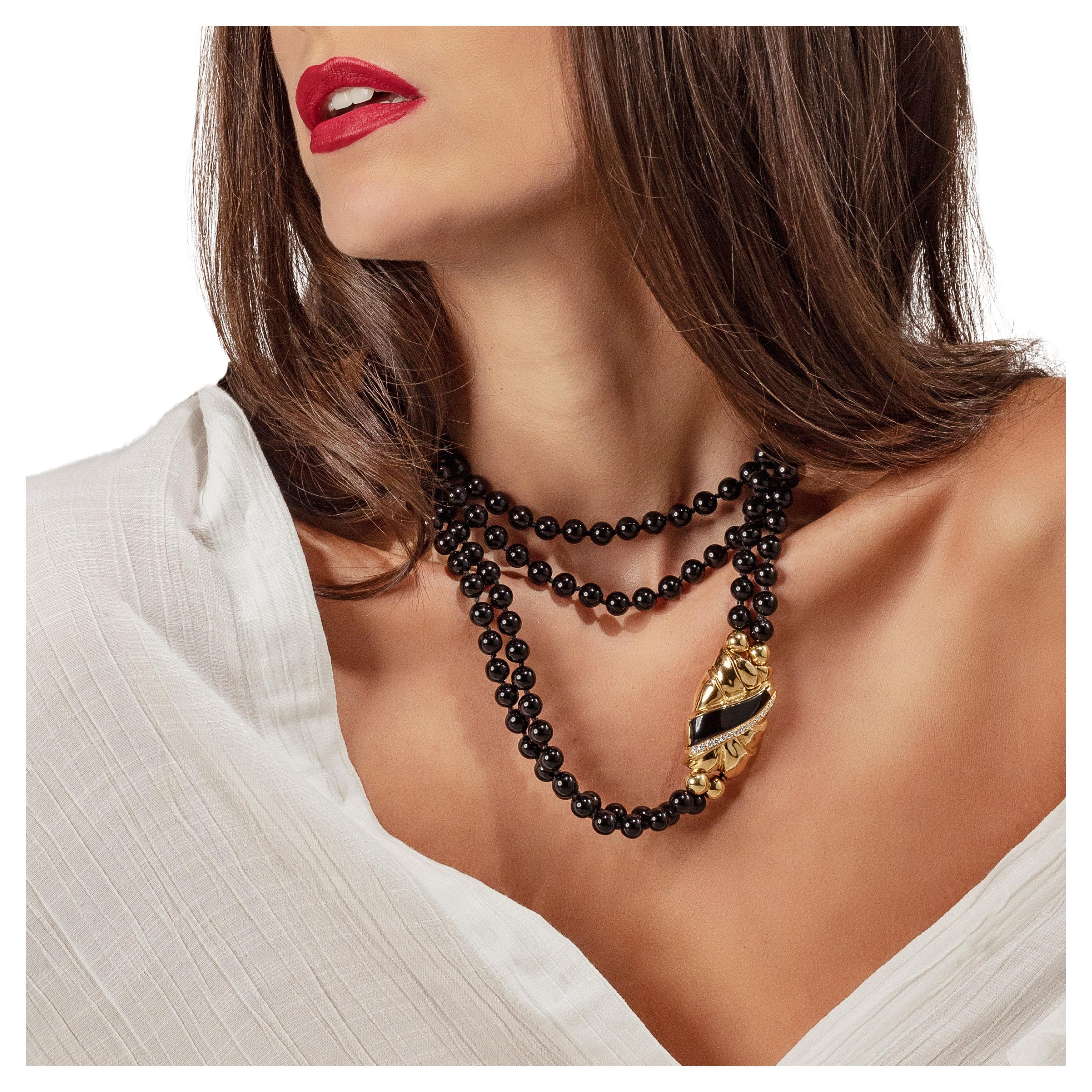 Double-Strand Black Onyx Beaded Necklace With 18ct Gold Clasp For Sale