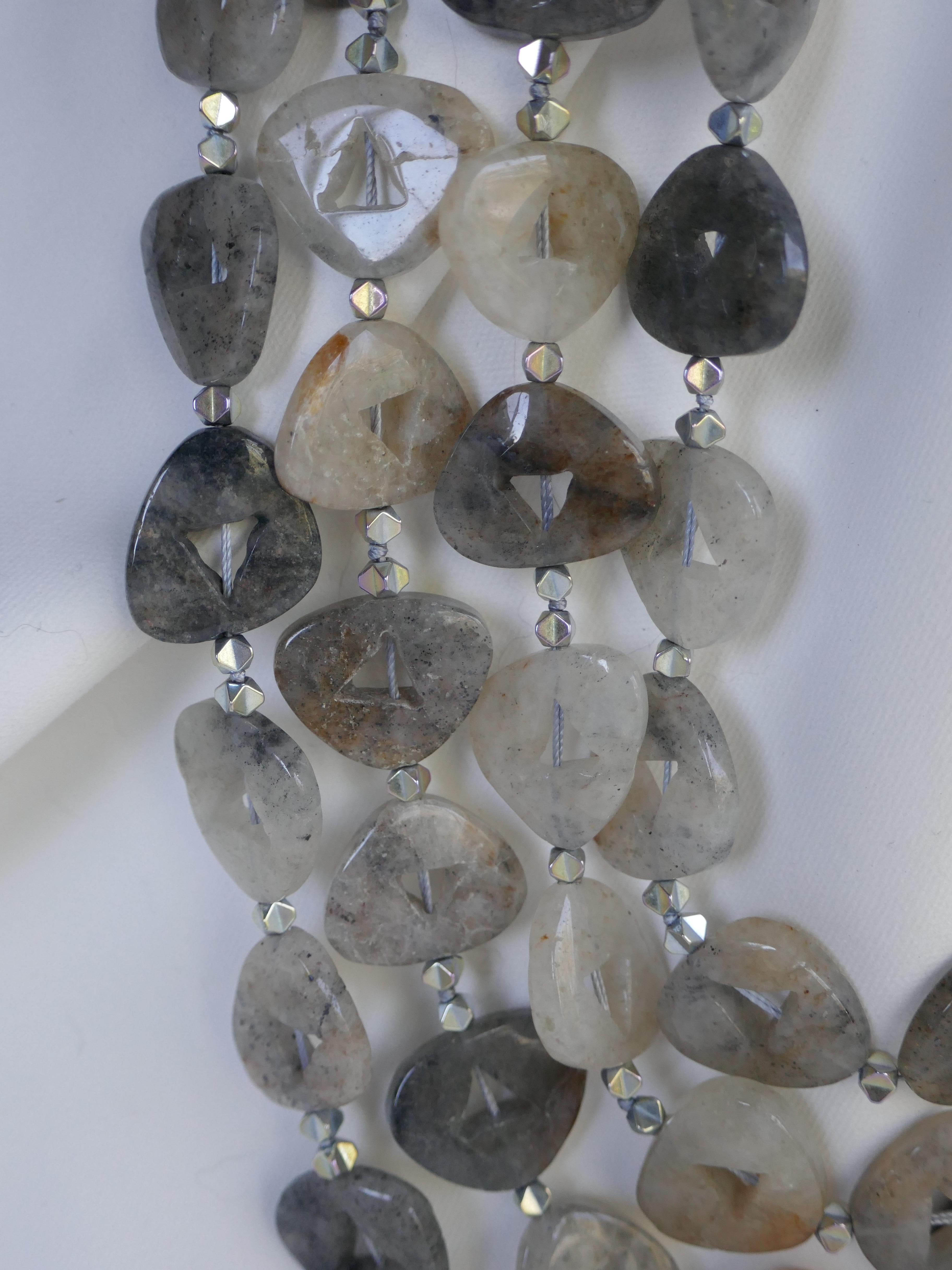 Contemporary Double Strand Black Rutilated Quartz Silver Plated Hematite Gemstone Necklace For Sale