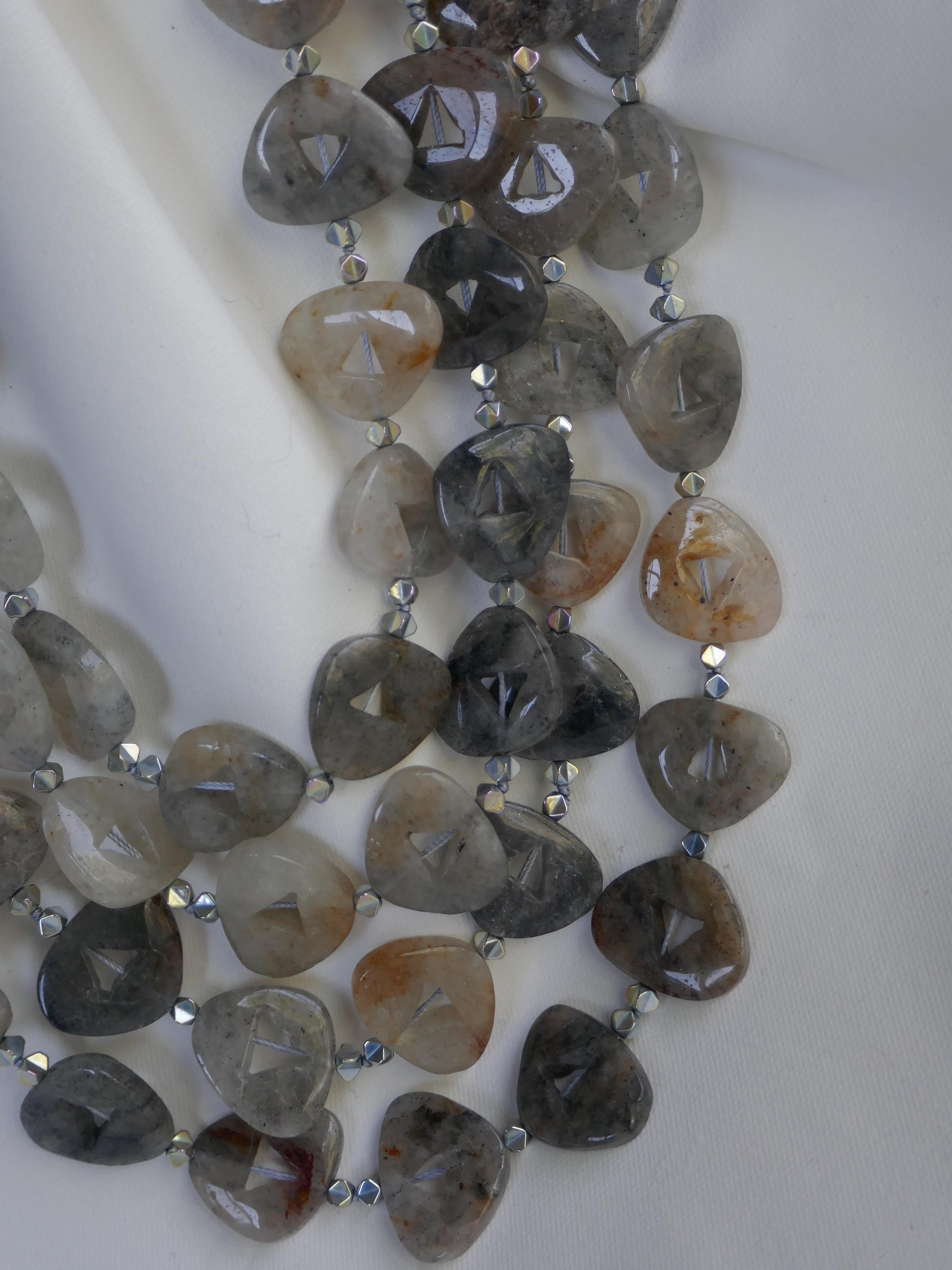 Double Strand Black Rutilated Quartz Silver Plated Hematite Gemstone Necklace In New Condition For Sale In Coral Gables, FL