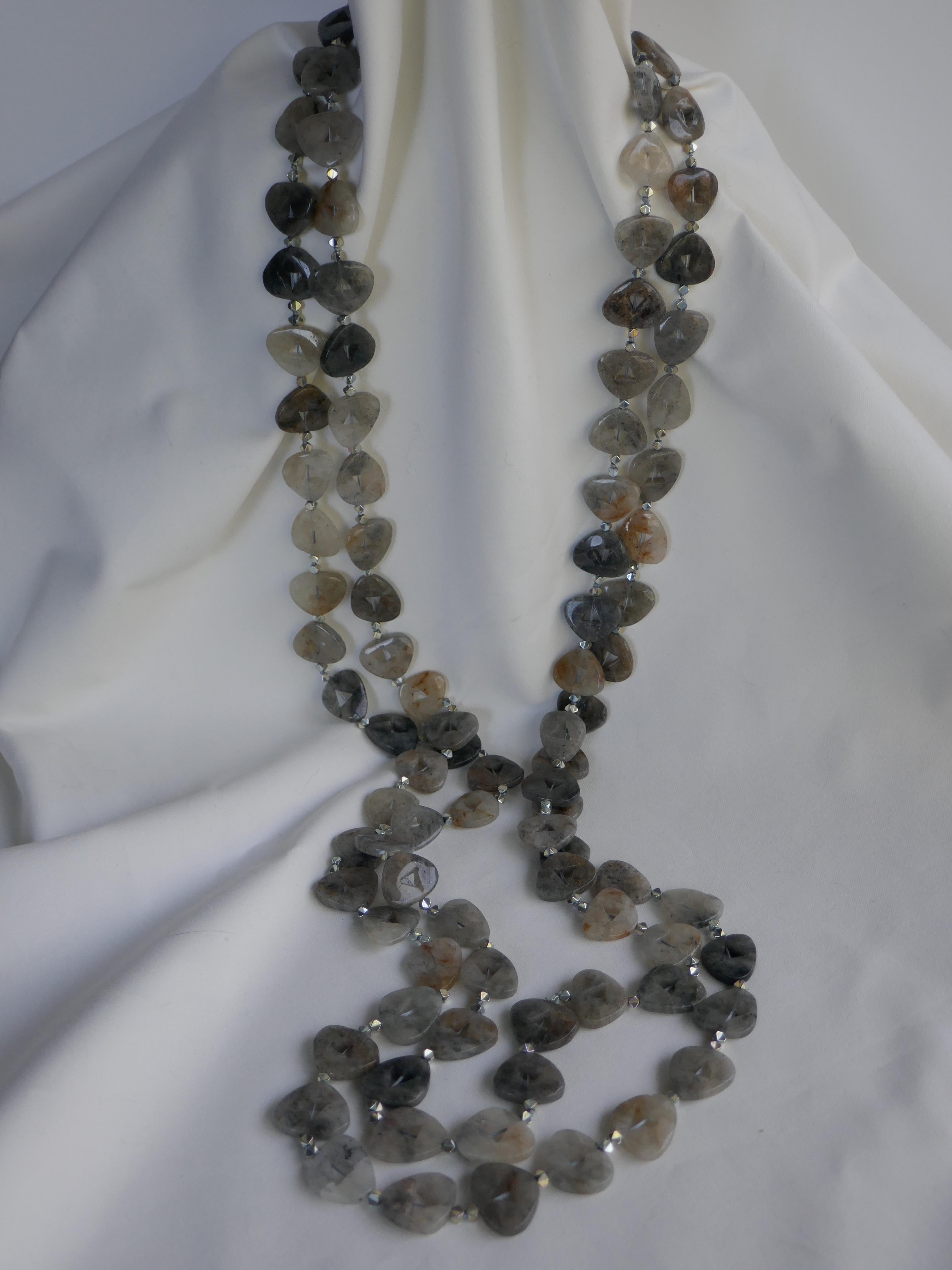 Women's Double Strand Black Rutilated Quartz Silver Plated Hematite Gemstone Necklace For Sale