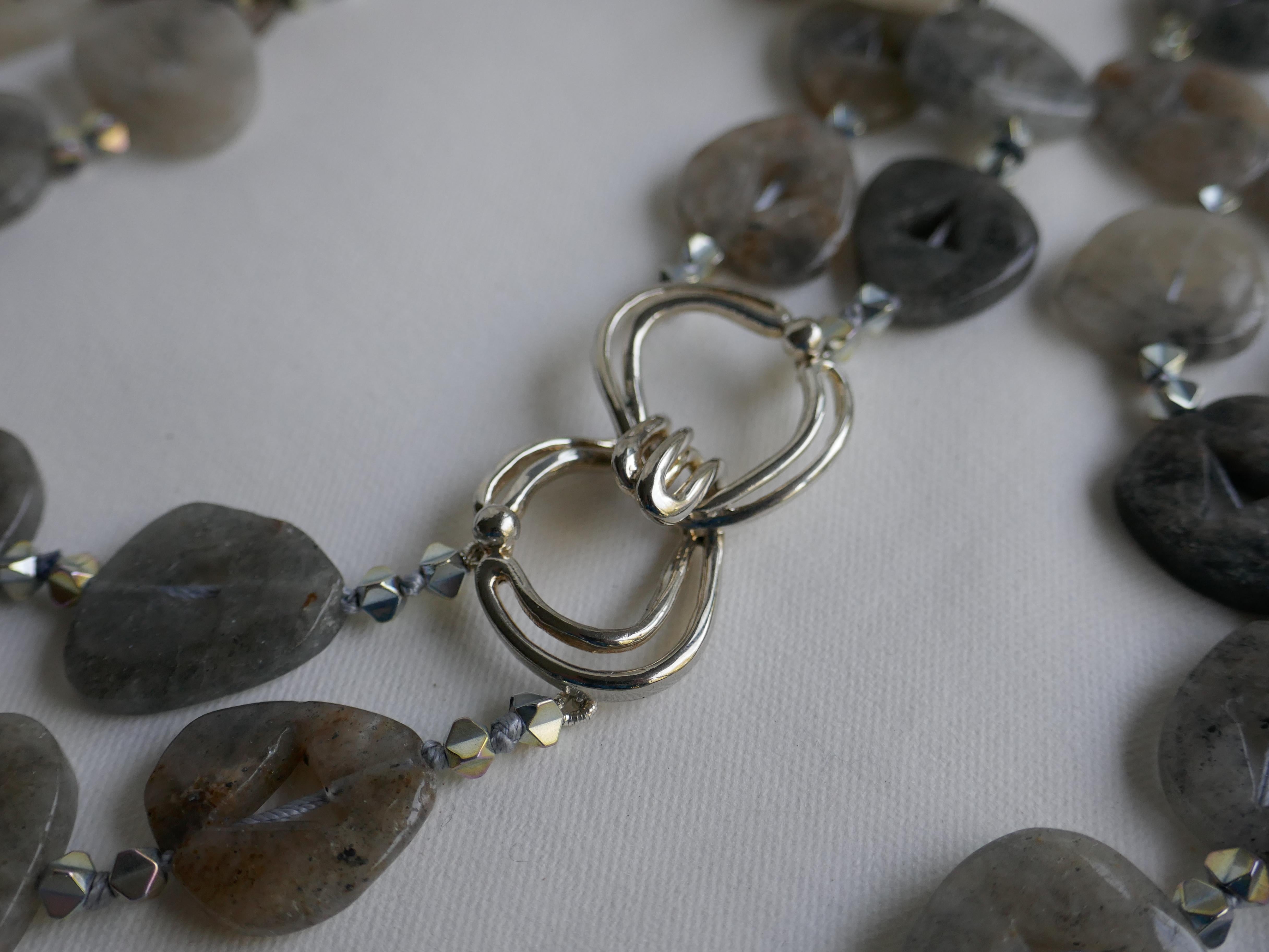 Double Strand Black Rutilated Quartz Silver Plated Hematite Gemstone Necklace For Sale 1