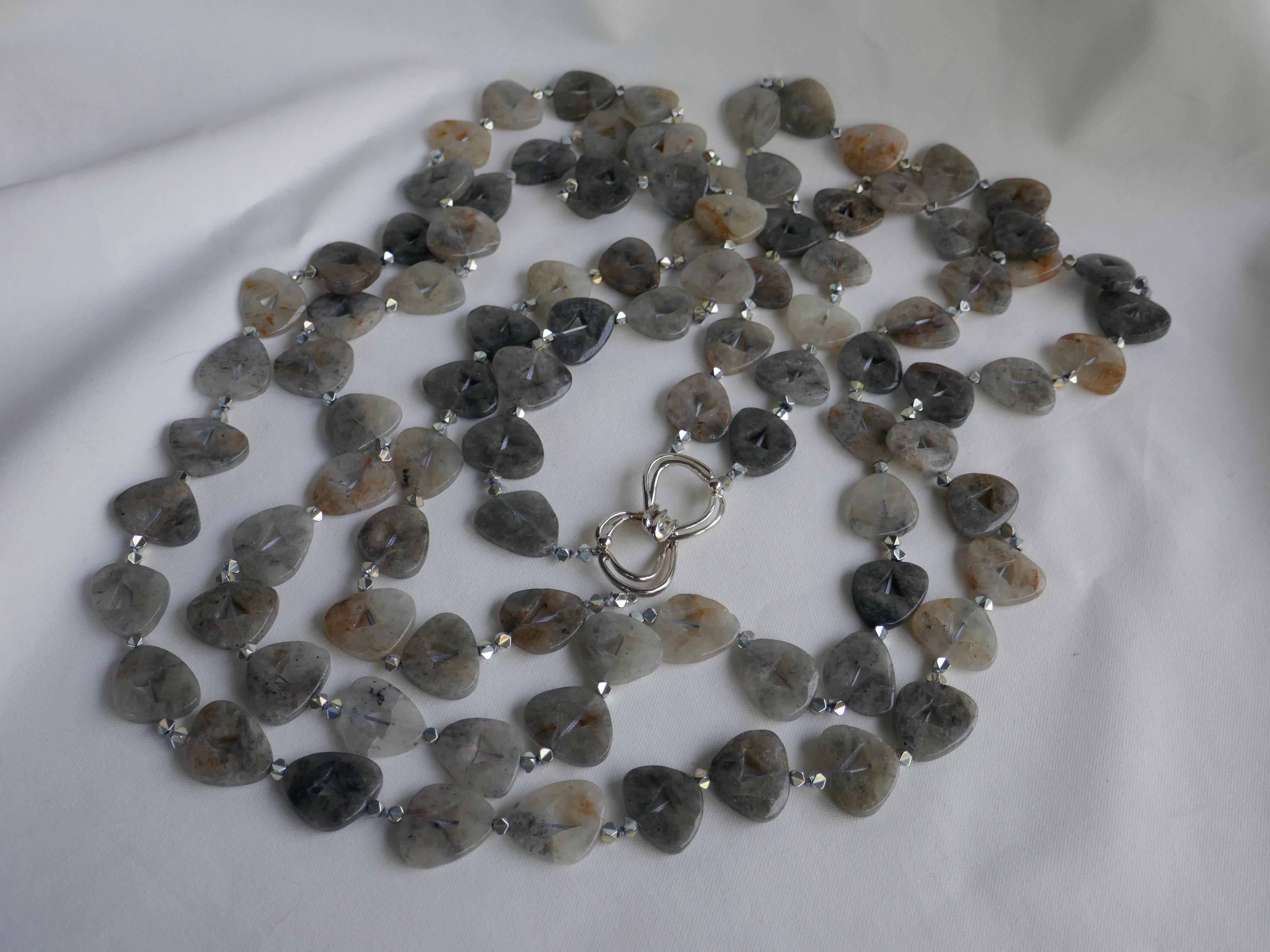 Double Strand Black Rutilated Quartz Silver Plated Hematite Gemstone Necklace For Sale 2