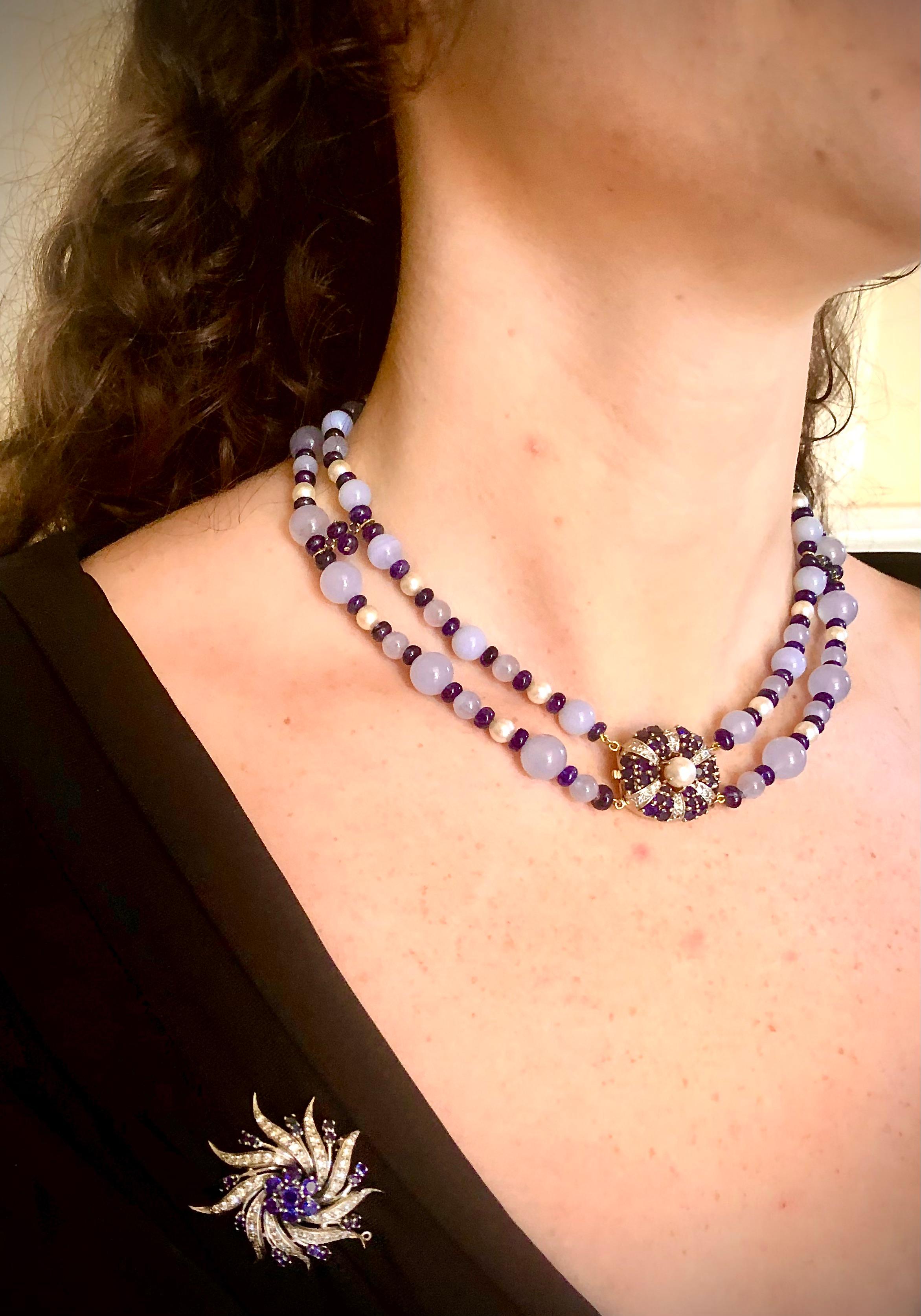 Double strand blue chalcedony necklace, sapphire, diamonds and cultured pearls In New Condition For Sale In New Orleans, LA