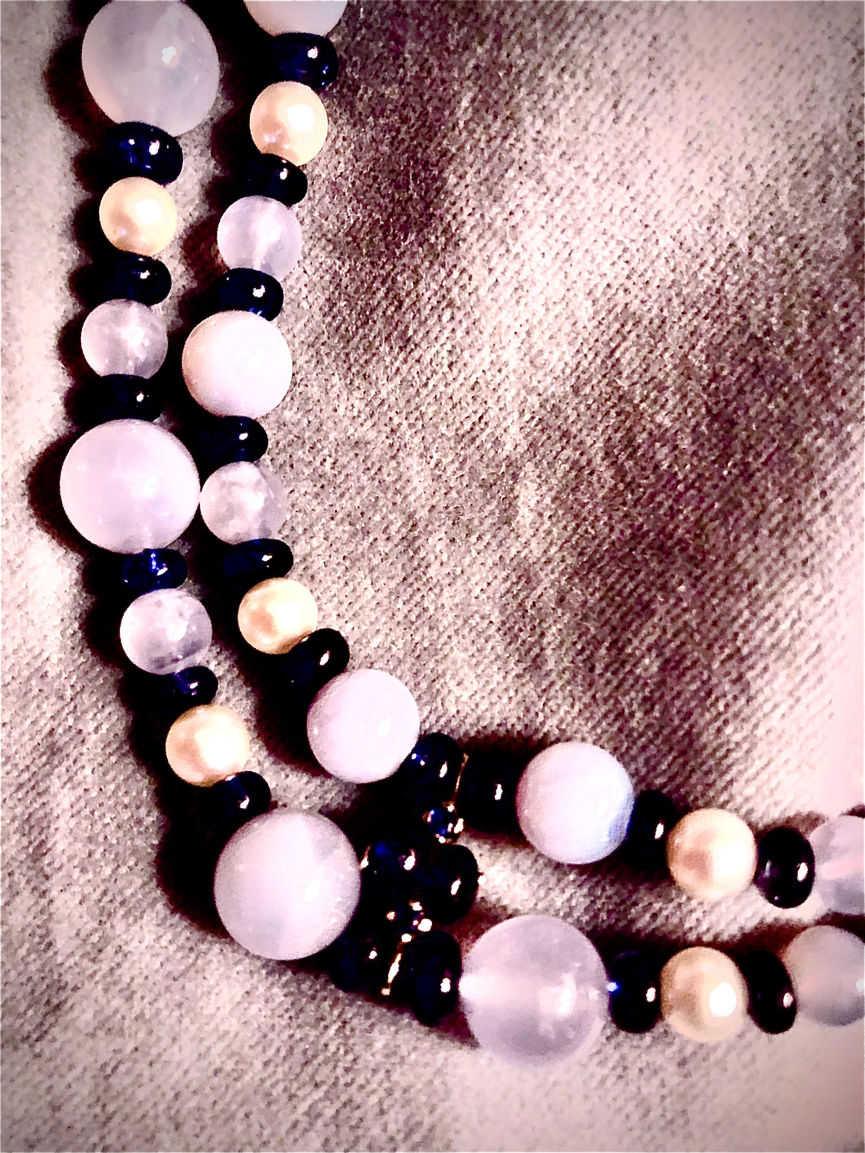 Double strand blue chalcedony necklace, sapphire, diamonds and cultured pearls In New Condition For Sale In New Orleans, LA