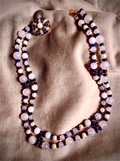 Double strand blue chalcedony necklace, sapphire, diamonds and cultured pearls