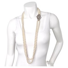 Double Strand Costume Pearl Rhinestone Pendent Necklace circa 1980s